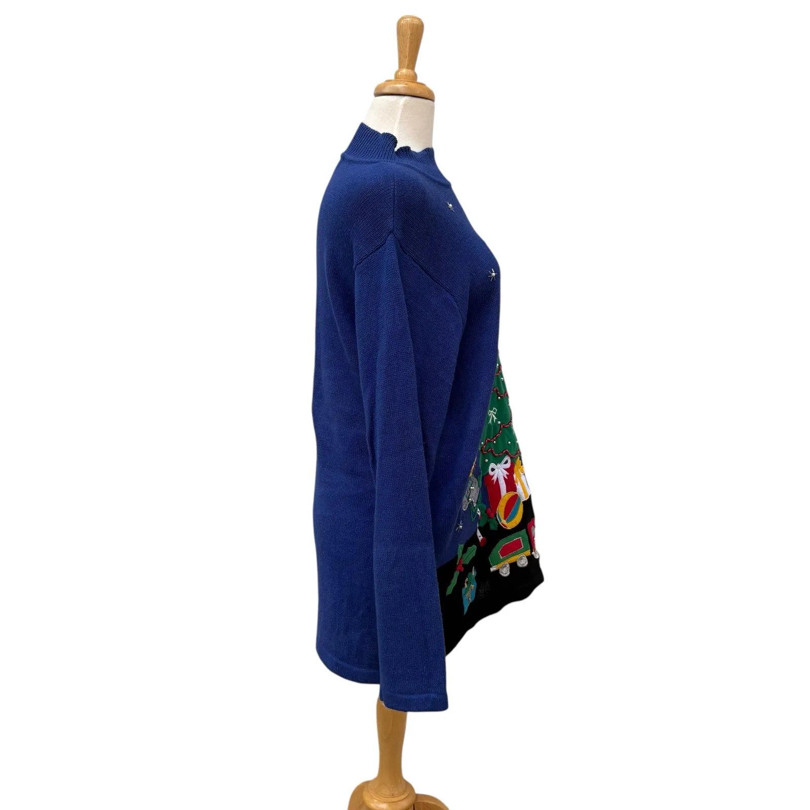 VTG Ugly Christmas Sweater Lg Blue Tree Presents Oversized Ramie Holiday Granny - Image 6