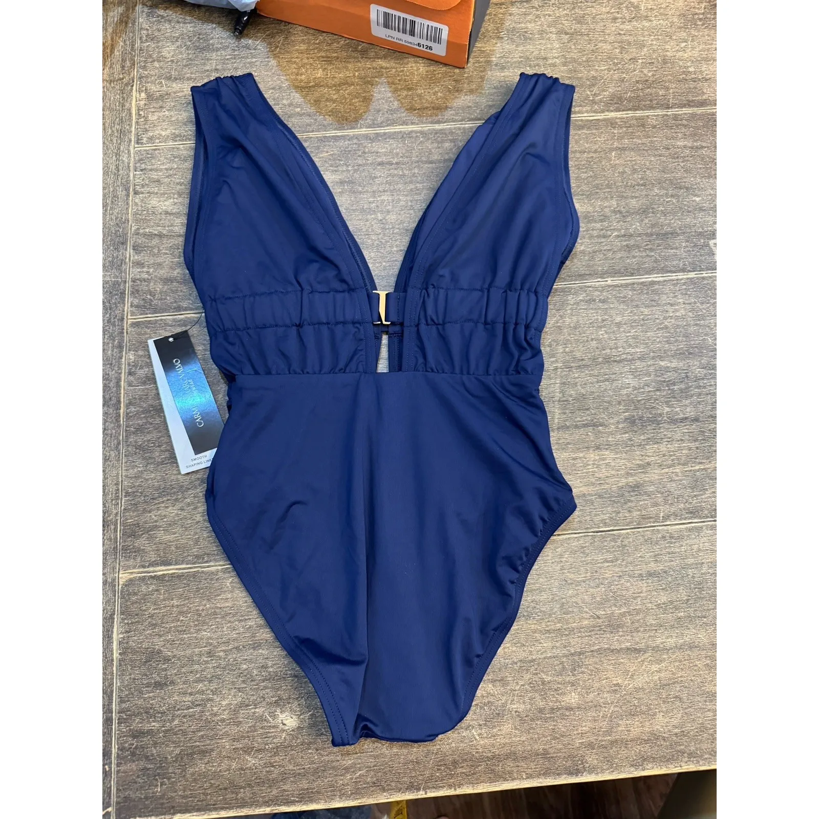 $156 Carmen‎ Marc Valvo Plunge-Neck Ruched One-Piece Swimsuit, Maritime Size 4 - Image 10