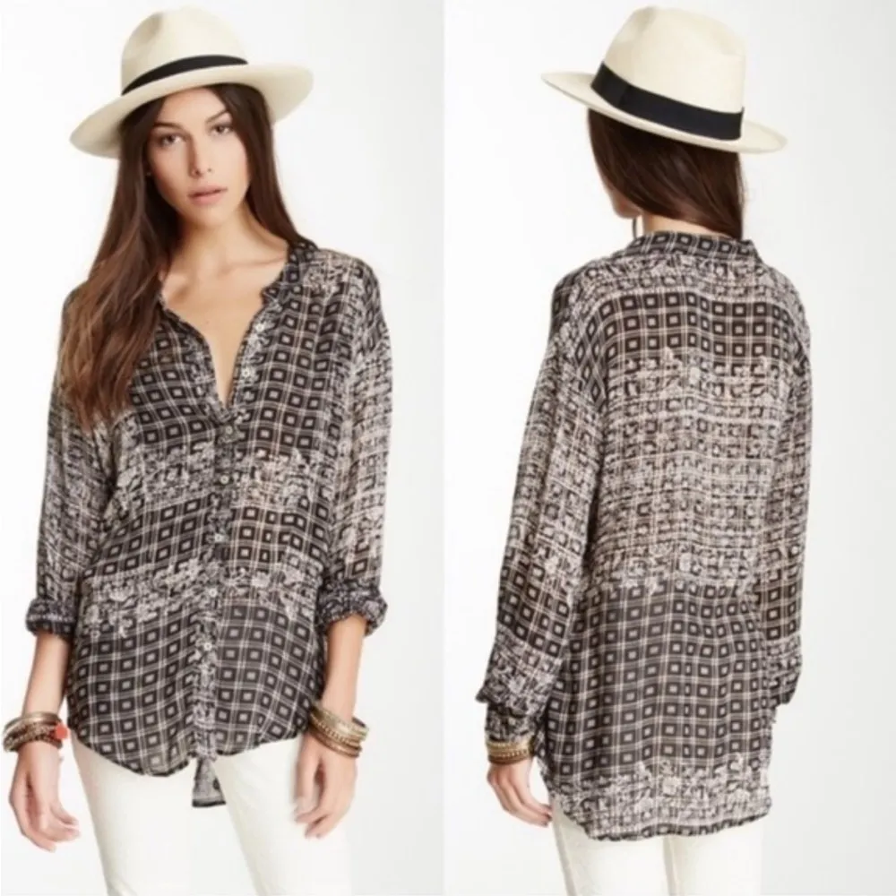 Free People Plaid Floral Caravan Button Down Top size Medium - Image 2