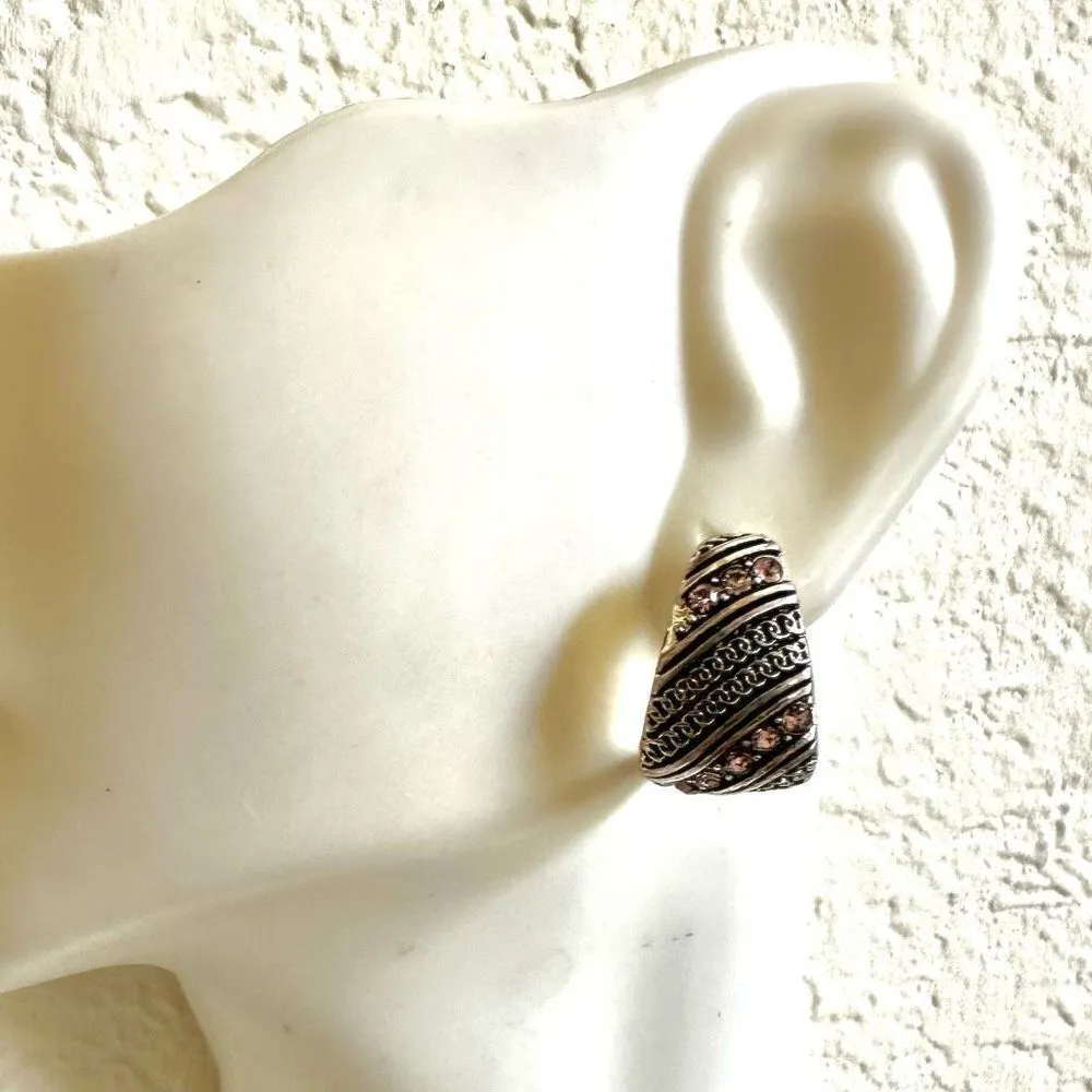 Silver tone pink rhinestone half hoop earrings - Image 5