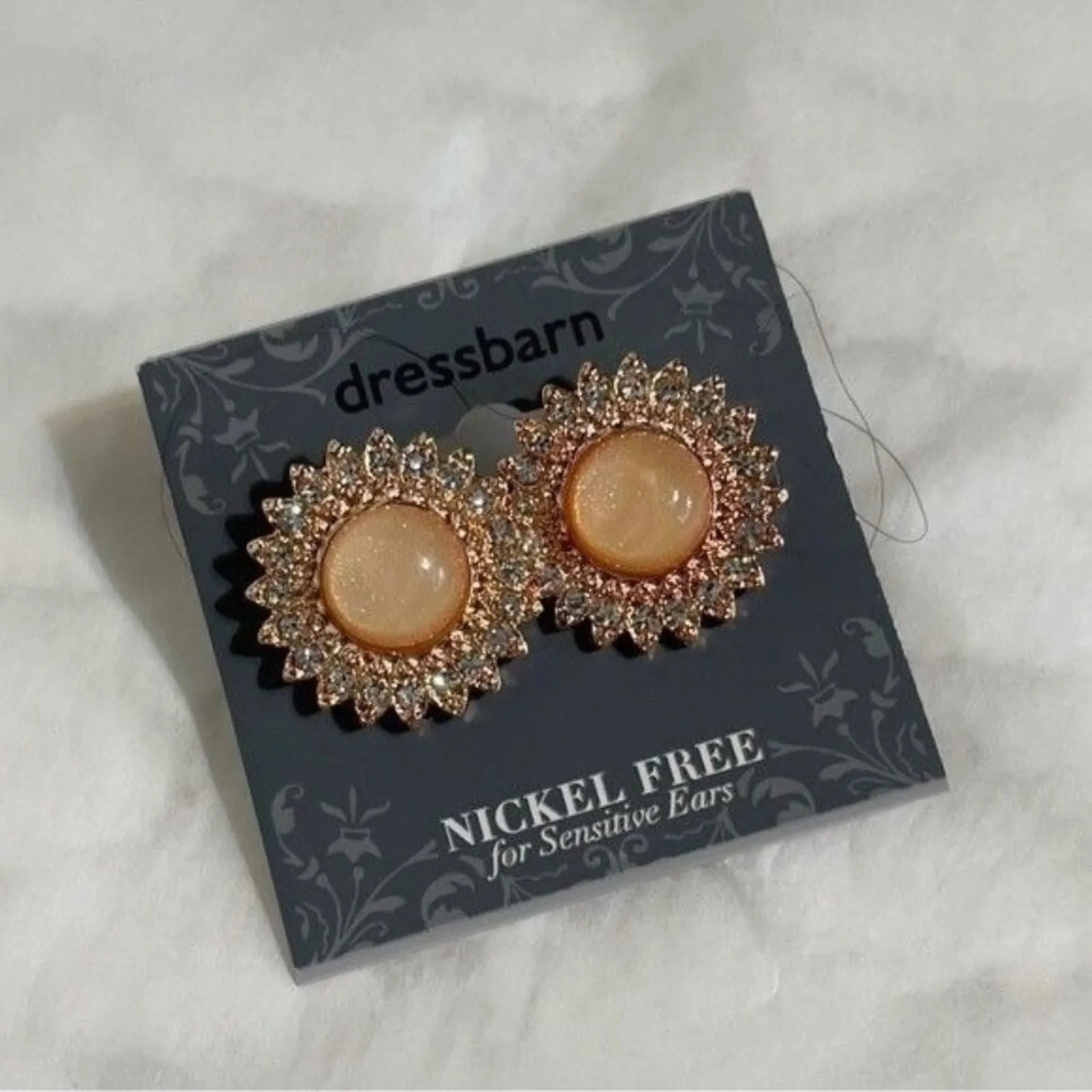 Dress Barn New Earrings Pierced Pink Cat Eye Center Rhinestones Rose Gold - Image 2