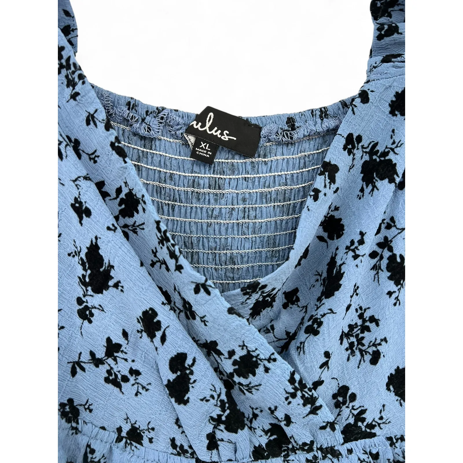 NWT LULU'S | XL | Can't Hurry Love Slate Blue Floral Puff Sleeve Mini Dress - Image 4