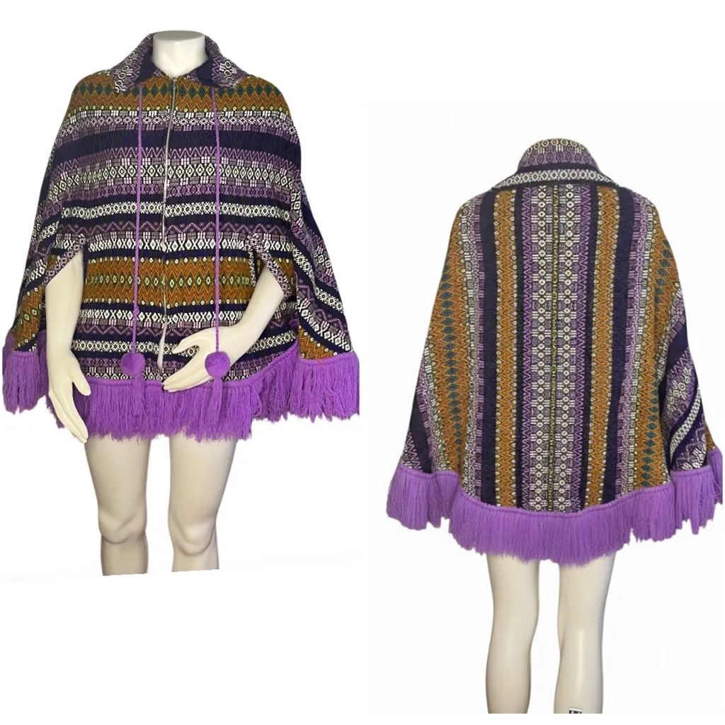 VINTAGE Poncho Full Zip Arm Holes Collar Purple Print Fringe Pom Poms One Size Size undefined - Image 11