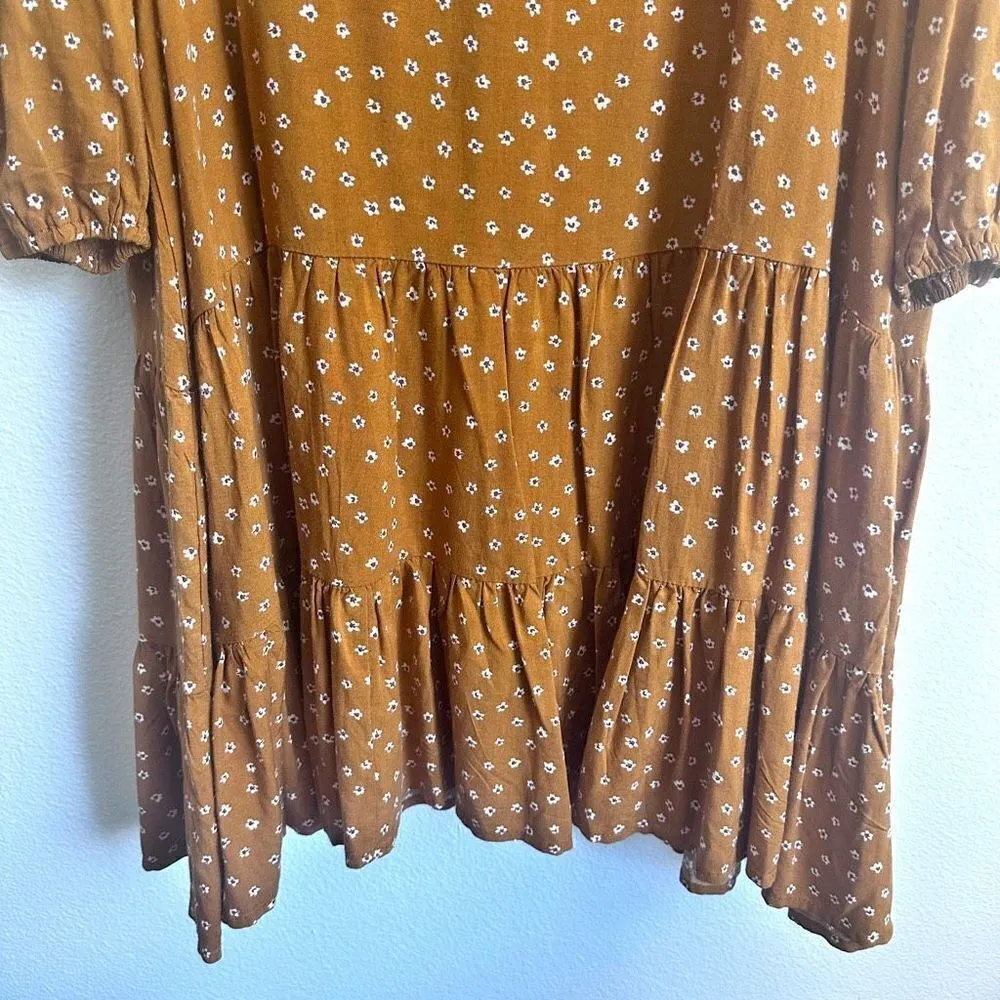 DRESS FORUM LA | Mustard White Floral Balloon Sleeve Dress Tiered | Size Large - Image 4