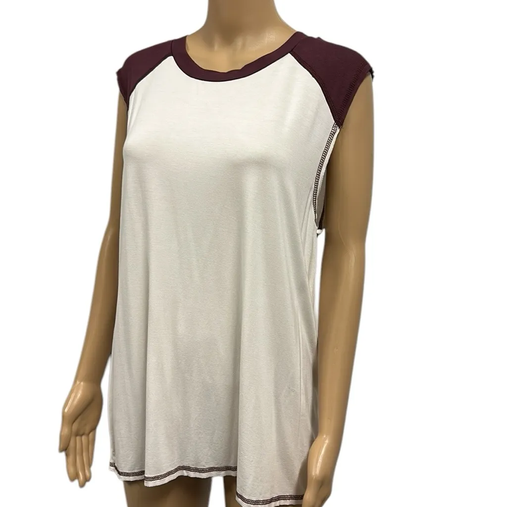 Pol Cap Sleeve 2 Tone Burgundy Cream Comfortable Jersey Top Shirt Womens Small - Image 2