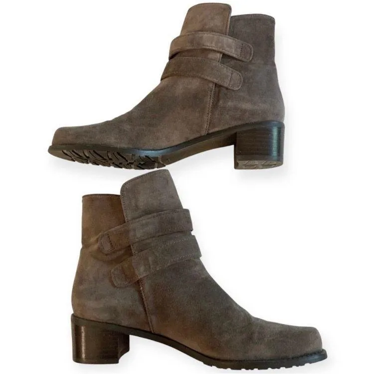 Stuart Weitzman Strapduo Ankle Boots Brown Suede Leather Buckle Size 9 - Image 3