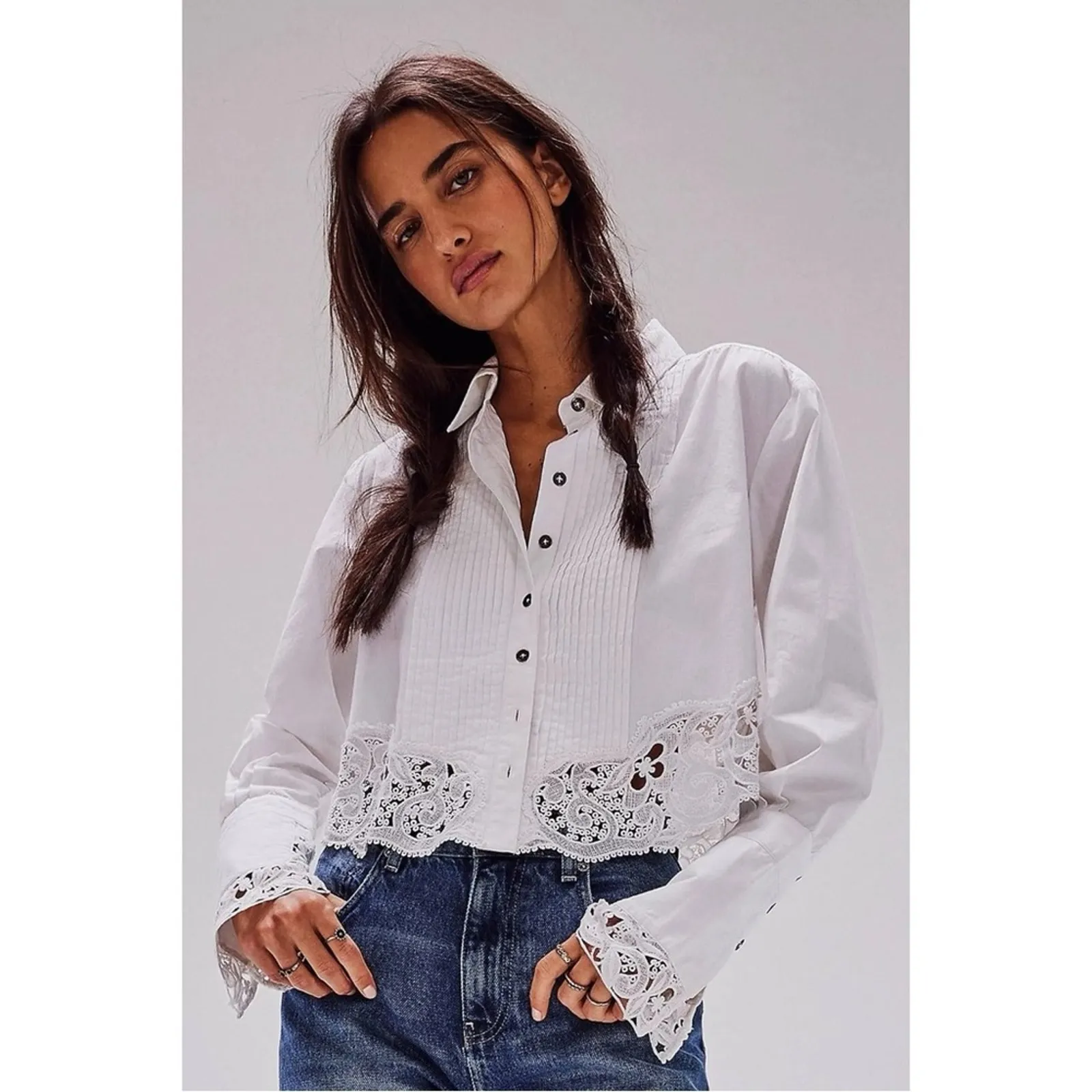 Free People Large Dainty Cottage Crochet Lace Hooked On You Top Shirt Blue - Image 9