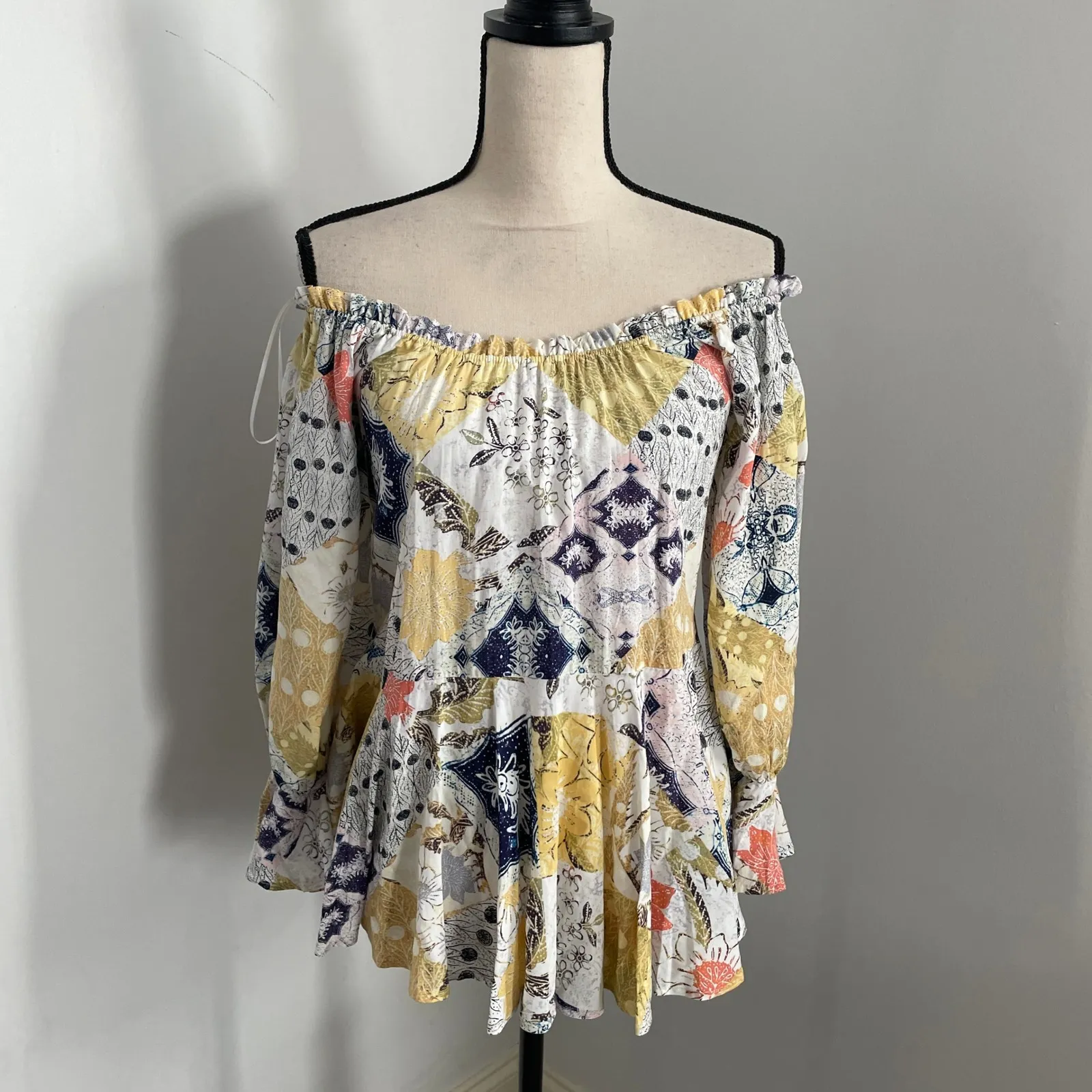 Dear John Pleated Boho Blouse Small Patchwork Off Shoulder Peasant Floral Hippie - Image 10