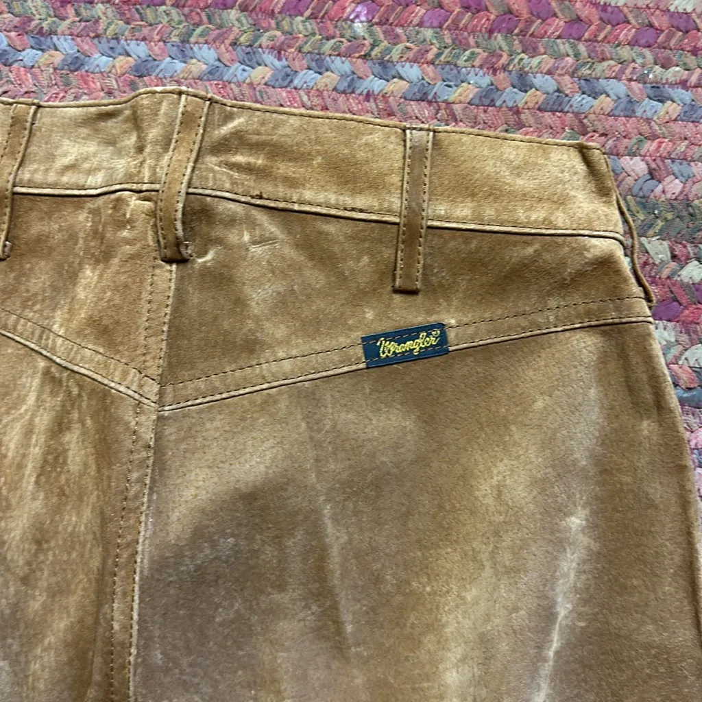VTG BROWN SUEDE LEATHER WRANGLER HIGH RISE WESTERN PANTS RARE FIND Tan - Image 7