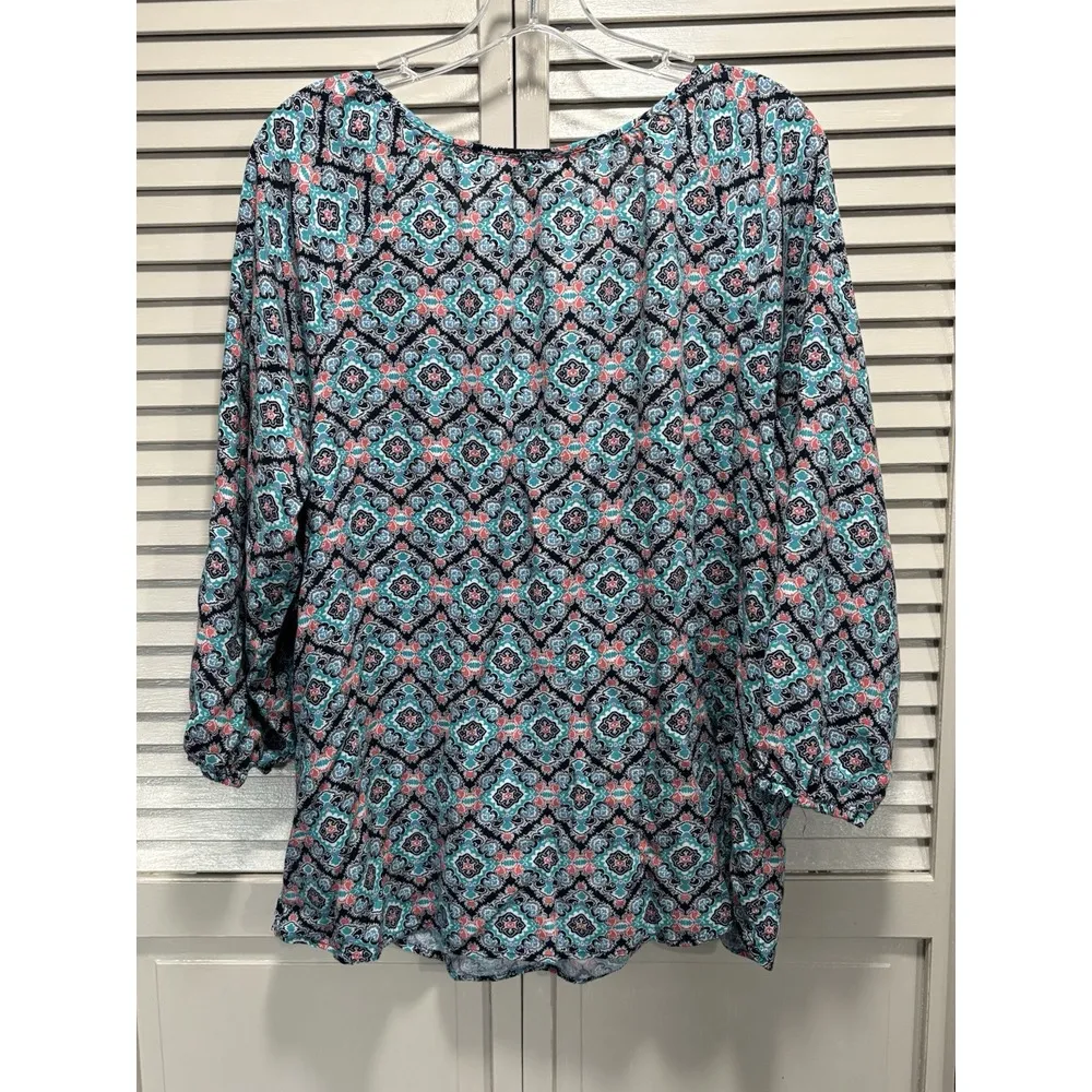 Faded Glory‎ Teal/Peach Paisley 3/4 Sleeve Pleated Front Blouse Size XXL Crochet - Image 6