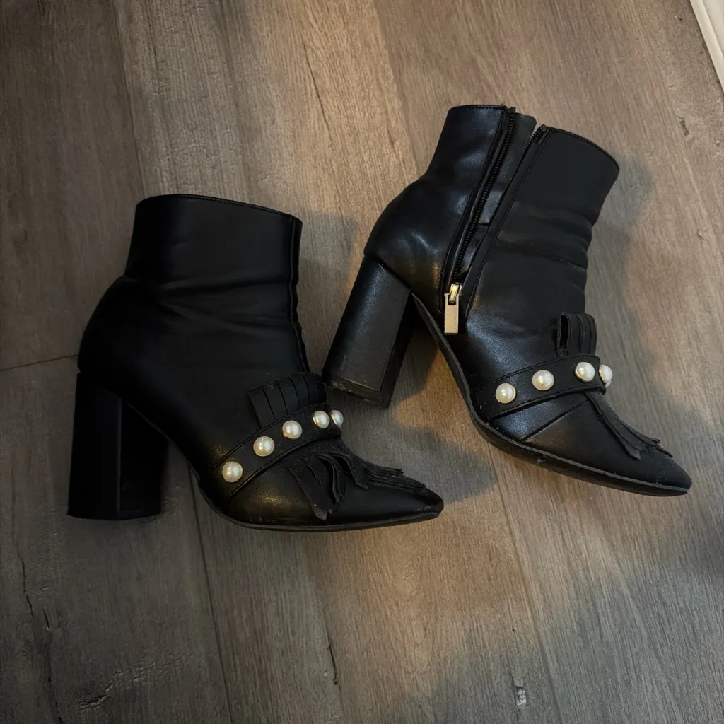 Primark Black Ankle Boots with Fringe and Pearl Details size 4UK or 6-6.5US - Image 2