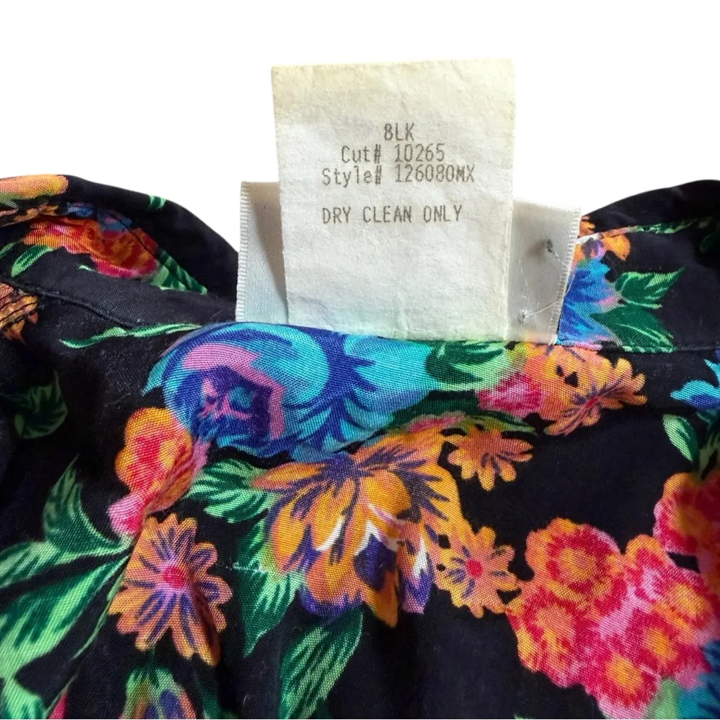 Vintage 80s Nina Piccalino Floral Button Down Shirt Dress Size 6 Black - Image 8