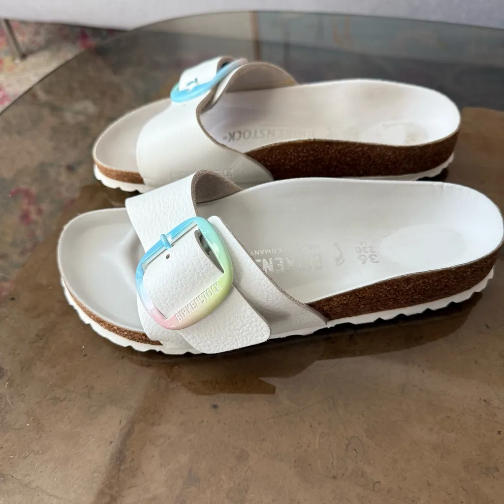 Birkenstock Madrid Big Rainbow Buckle White Natural Leather Sandals 36 - Image 4