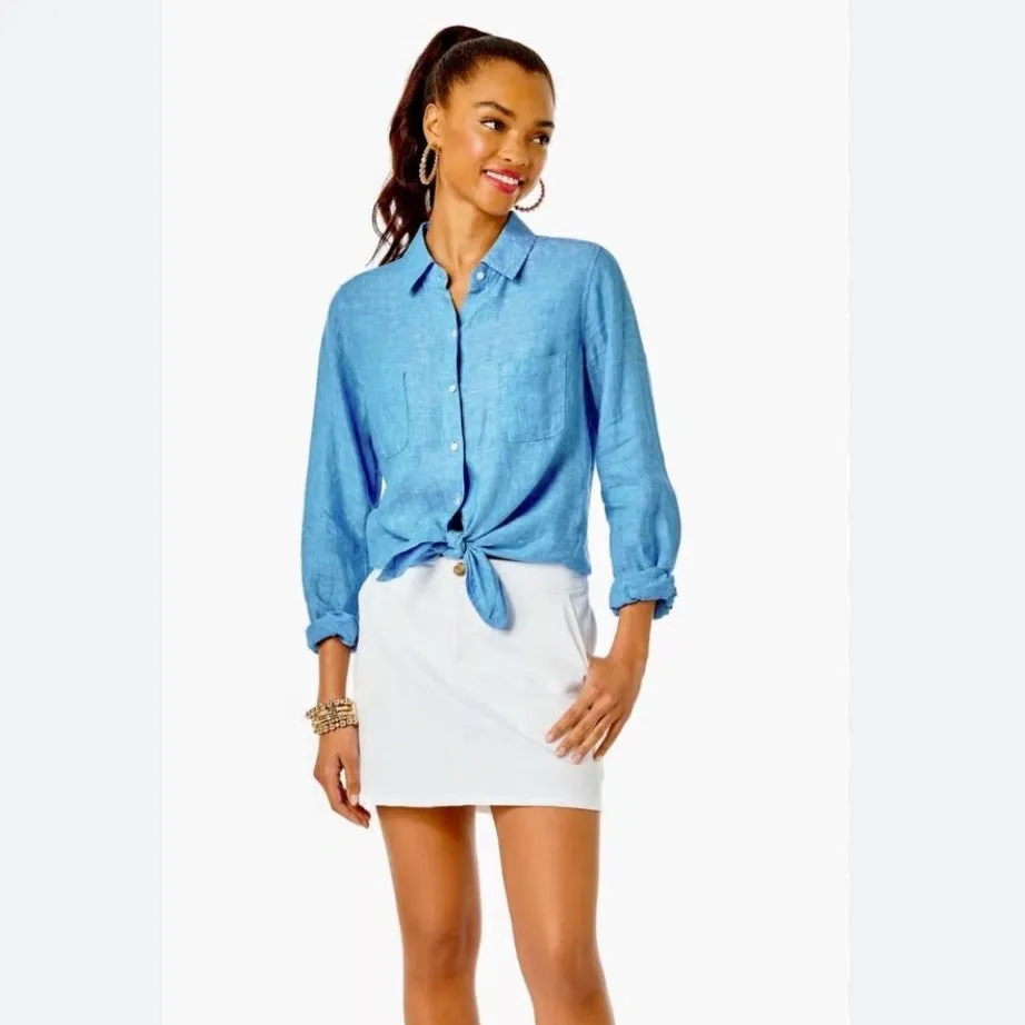 NEW Lilly Pulitzer Sea View Linen Button Down Top Beckon Blue & Sea Salt Shirt - Image 4