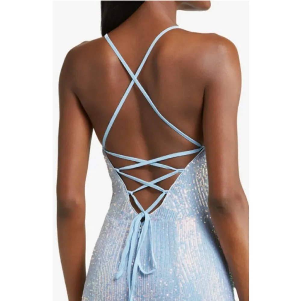 💕LULUS💕 Chic and Glam Light Blue Sequin Lace-Up Mermaid Maxi Dress M NWOT - Image 7