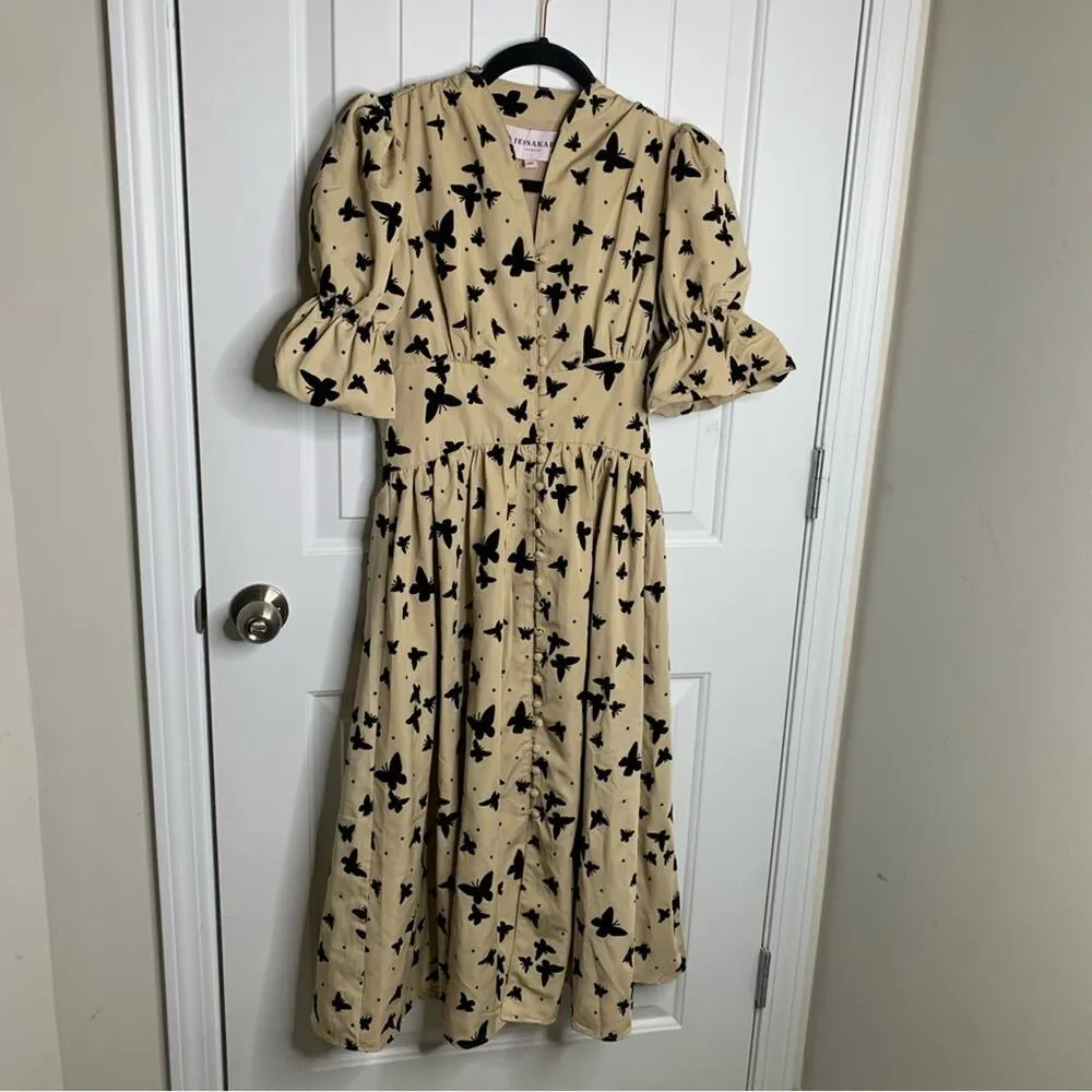 Jessa Kae butterfly kisses puff sleeves midi dress XS wedding guest‎ tuckernuck Yellow - Image 3