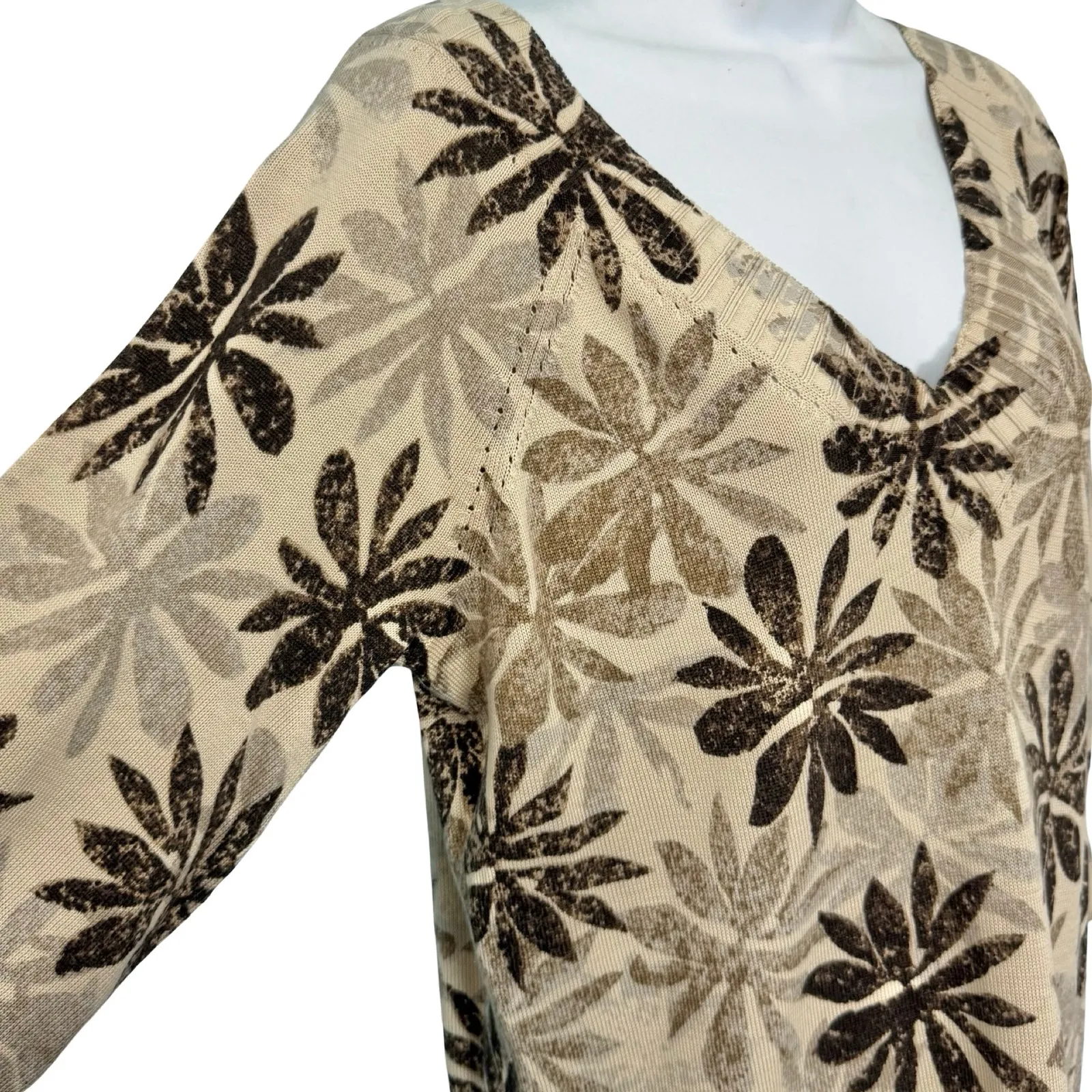 Sigrid Olsen Brown Tan Floral Earthy Silk Blend V-Neck Light Sweater Size L - Image 7