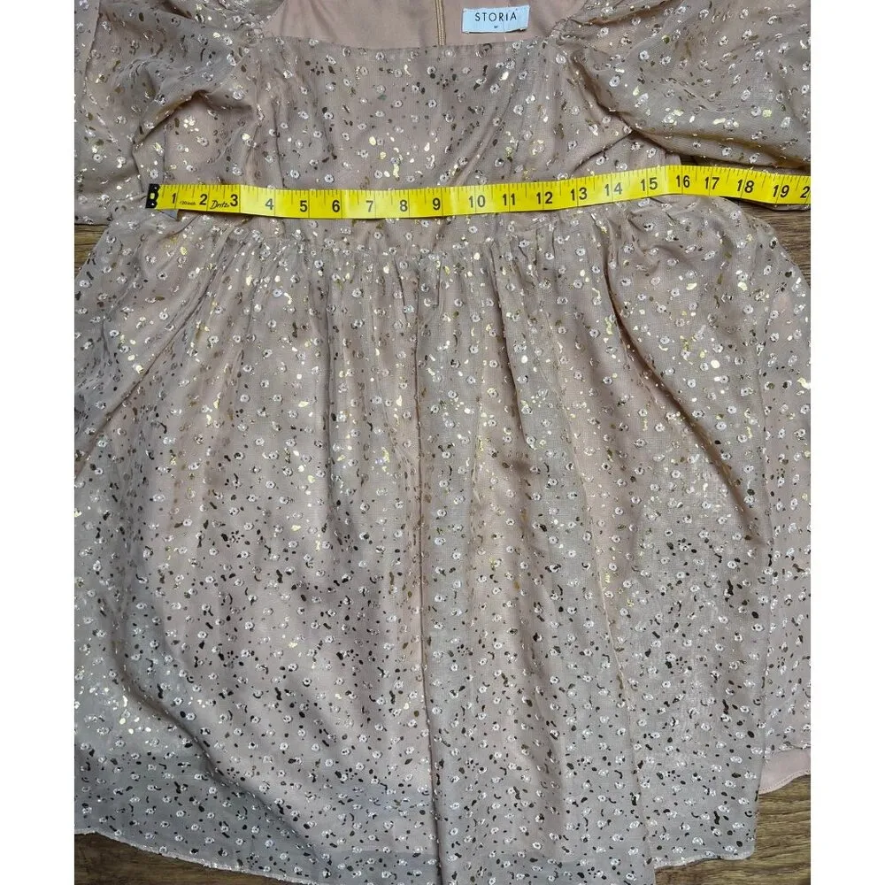 Storia Gold Flaked Embroidered Dots Baby Doll Mini Dress size Med New - Image 11