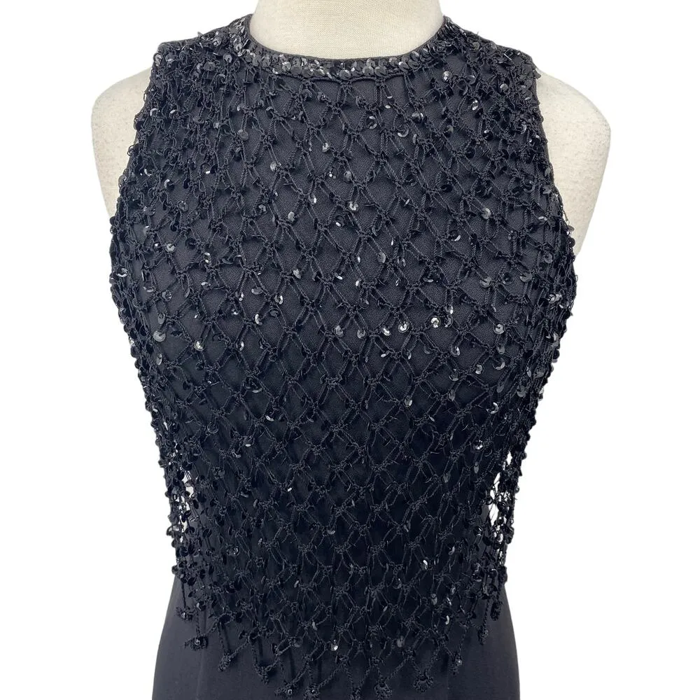 Vintage 90s Column Maxi Dress Sequin Fishnet Crochet Overlay Black NEW Womens S - Image 3