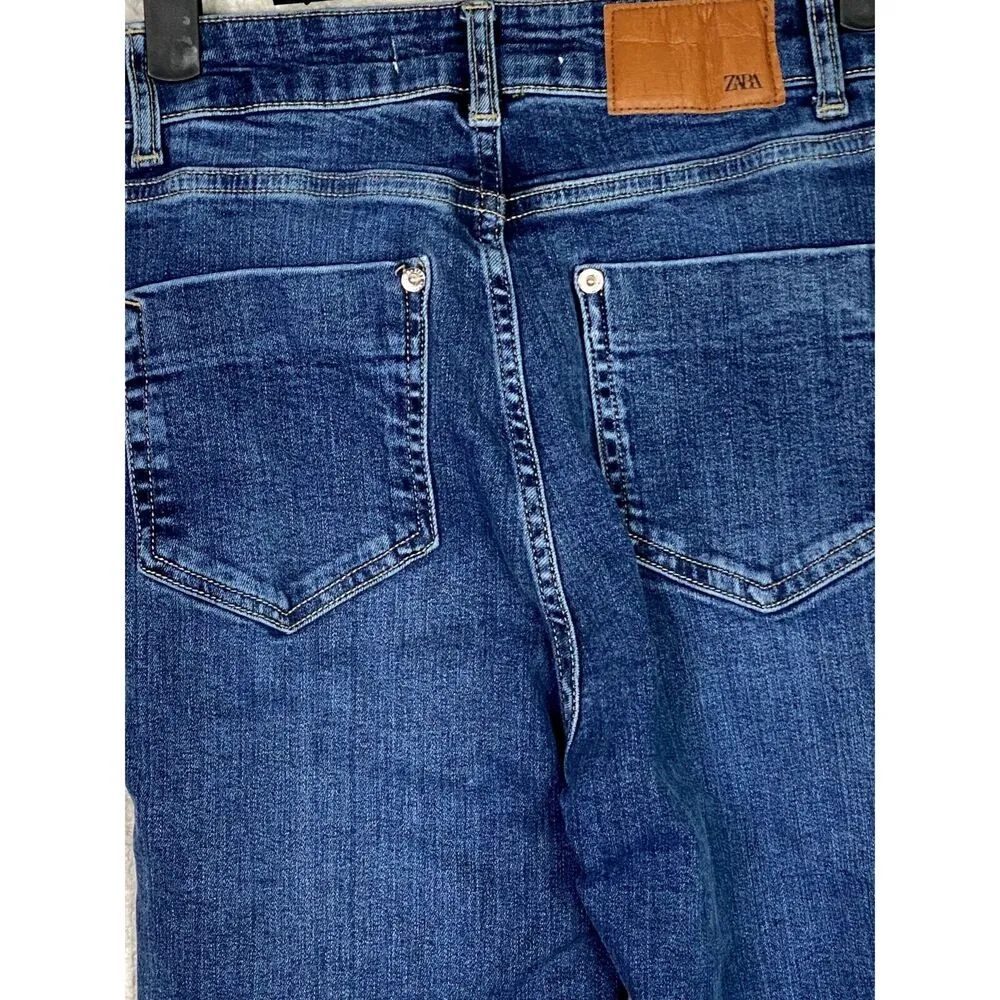 ZARA High Waisted Straight Slim Cut Full Length Flared Wide Leg Boot Cut 2 Blue - Image 7