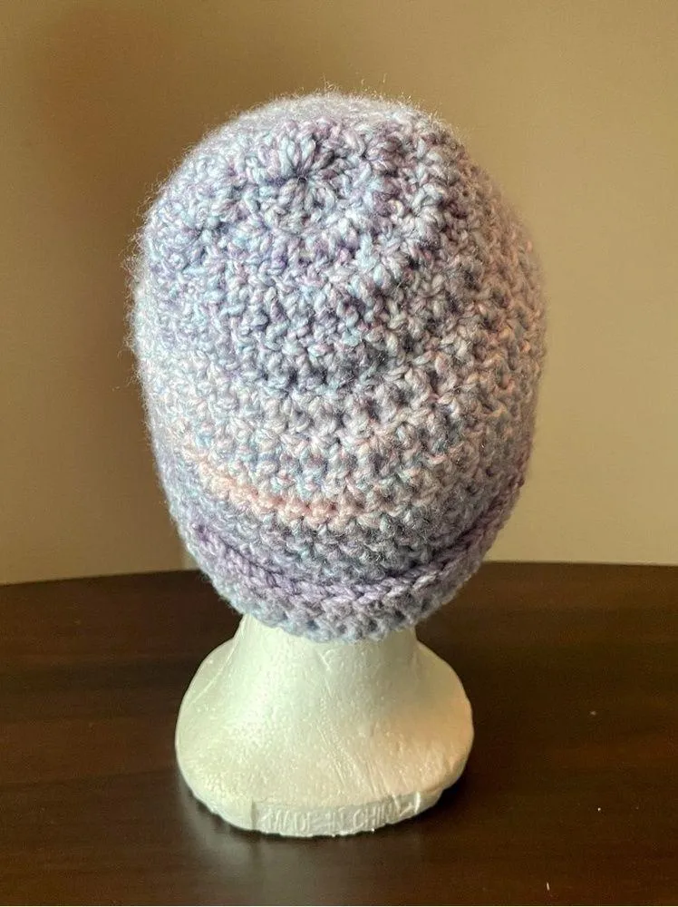 Hand Knit Pastel Rainbow Beanie Skull Cap Blue - Image 3