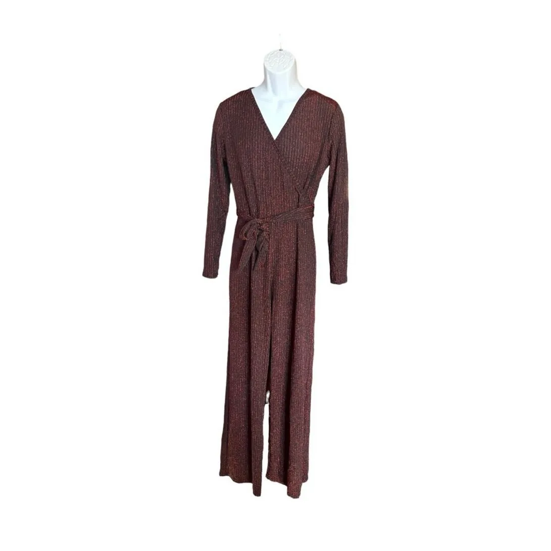 New Womens Boutique Red Metallic Shimmer Pinstripe Holiday Jumpsuit - Image 3