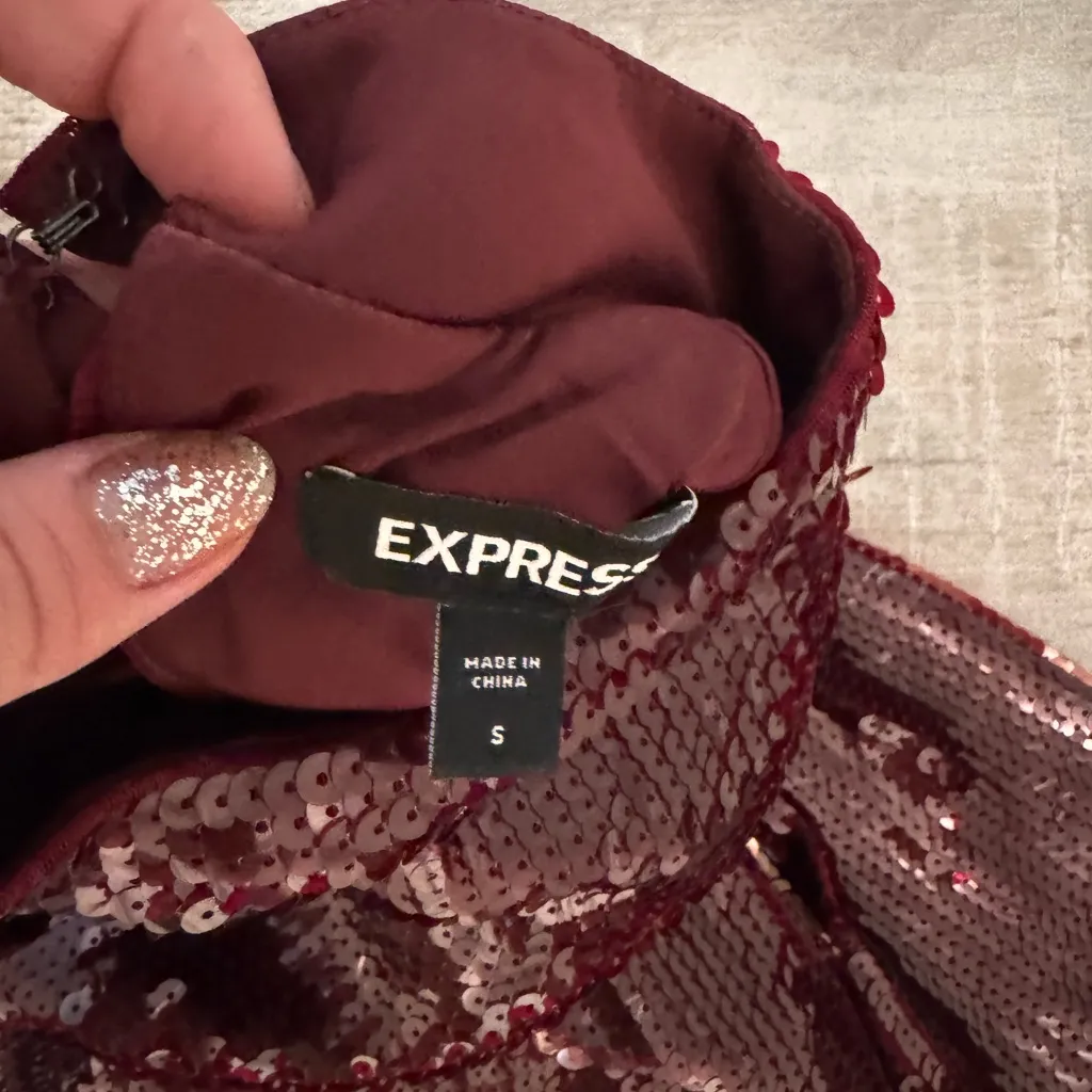 Express Burgundy Long Sleeve Sequin Dress - Image 4