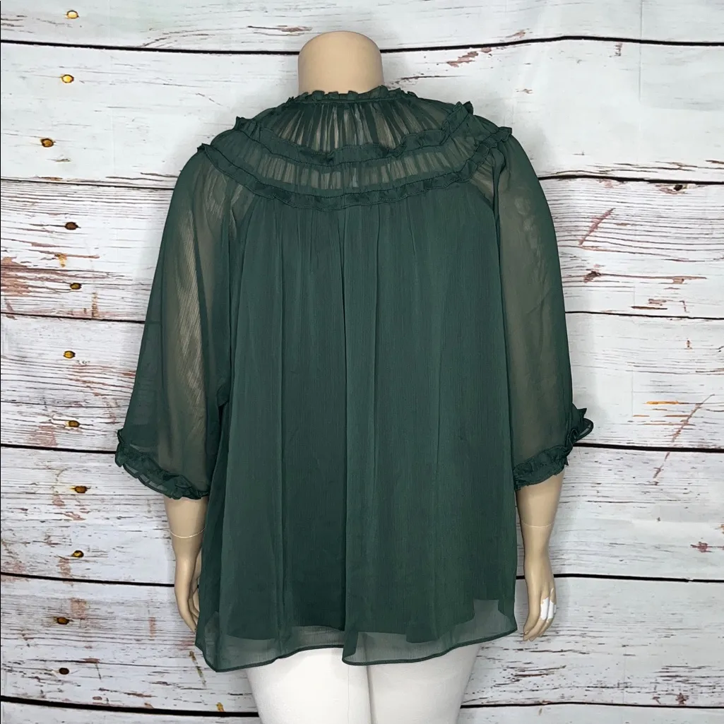 Rose & Olive NWT Size 1X Dark Green Keyhole Ruffle Trim Peasant Blouse Top - Image 4