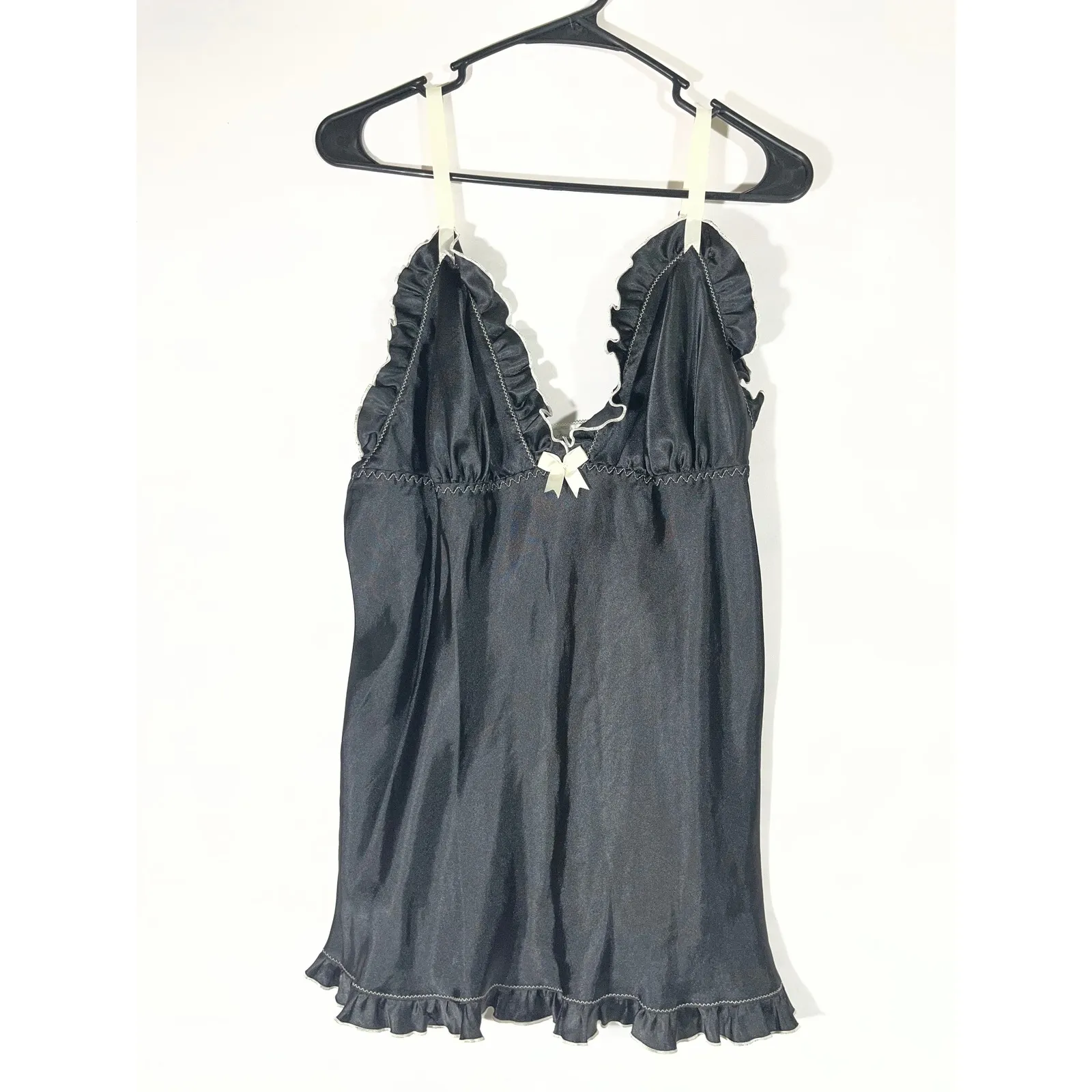 VTG Seductive Wear by Cinema Elle Black Satin Ruffle Robe/Baby Doll Gown Set S/M Size M - Image 4
