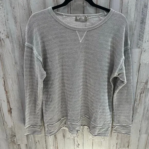 Nation LTD Womens Gray Herringbone Distressed Raw Seam Sweater Sweatshirt Small - Image 1
