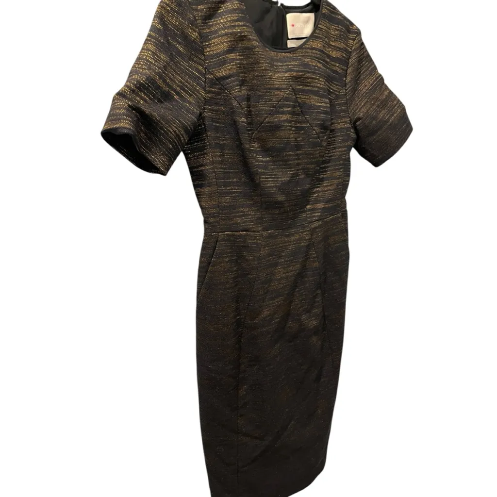 Jason Wu Silk Wool Size 4 Black Gold Sheath Dress Lined Short Sleeve Work Party - Image 4