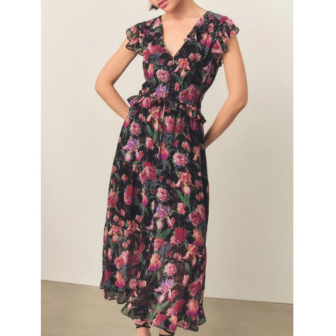 PAIGE NWOT Paradise Floral Silk Chiffon Flutter Sleeve Smocked Tiered Midi Dress - Image 12