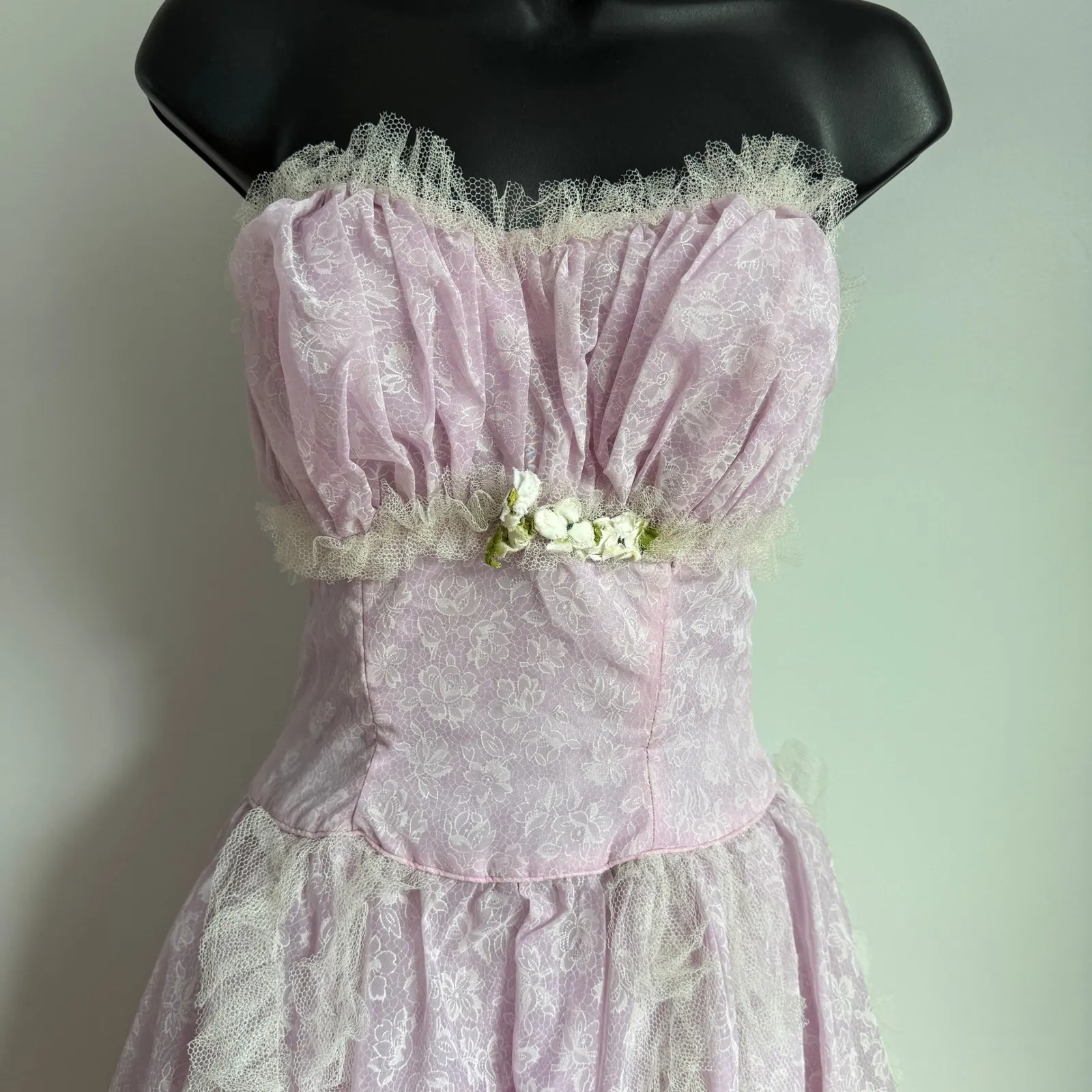 Vintage 60s Coquette Strapless Lavender Lace Floral Prom Party Dress Formal Gown Purple - Image 3