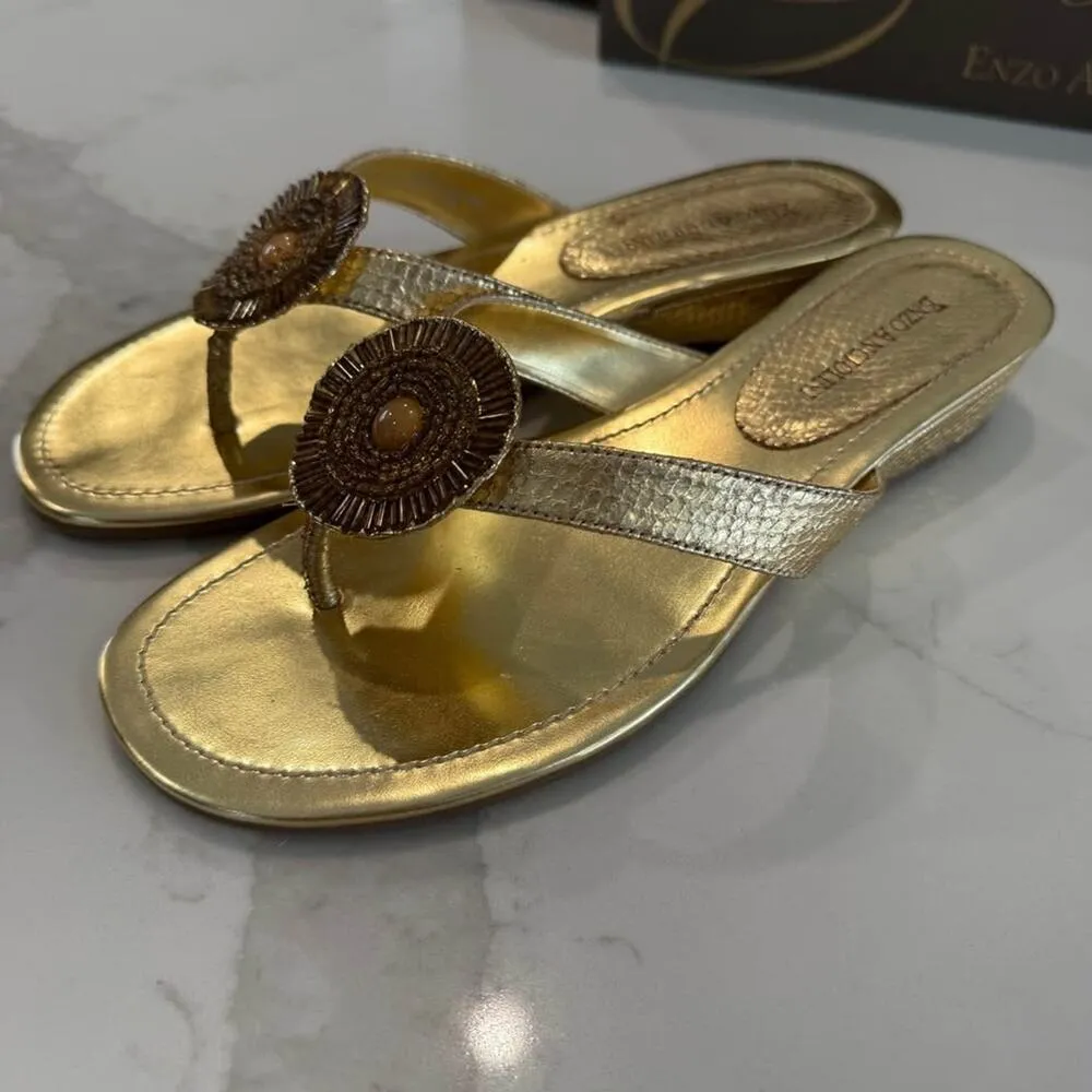 Enzo Angiolini Eanetta Sandals Women's 8 Stacked Wedge Heel Jeweled Beaded Gold - Image 2