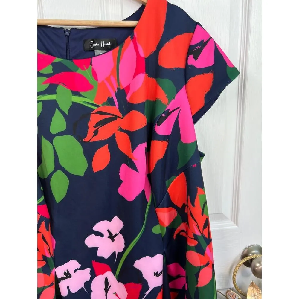 Jessica Howard Navy Floral Pattern Short  Cap Sleeves Crew Neck A Line Dress 22W - Image 8