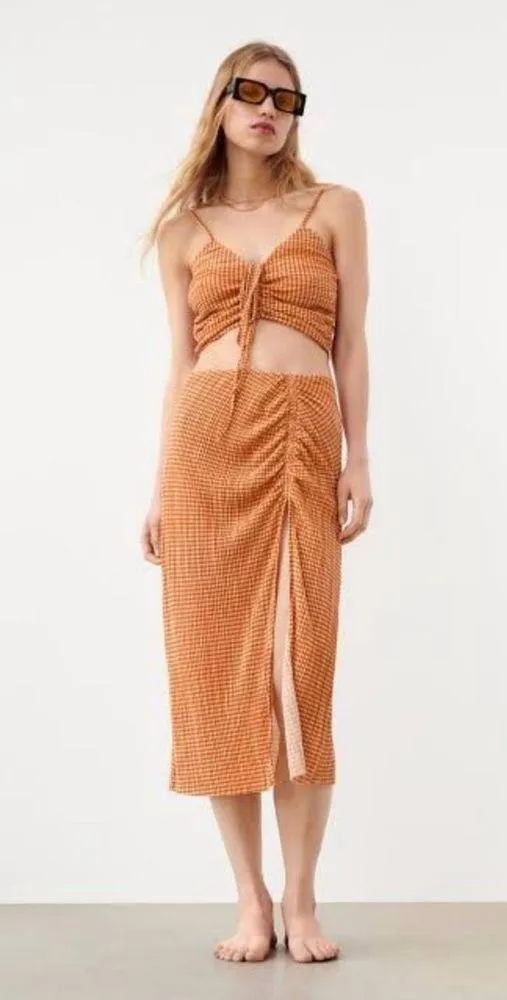 ZARA Ruched Crop Top Camisole & Midi Skirt Set Orange & White Gingham Size Small - Image 2