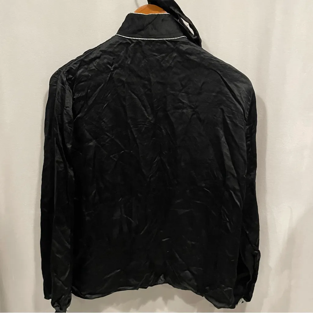 Vintage 40’s? Black silk embroidered pajamas top and pants wide leg pull on - Image 12