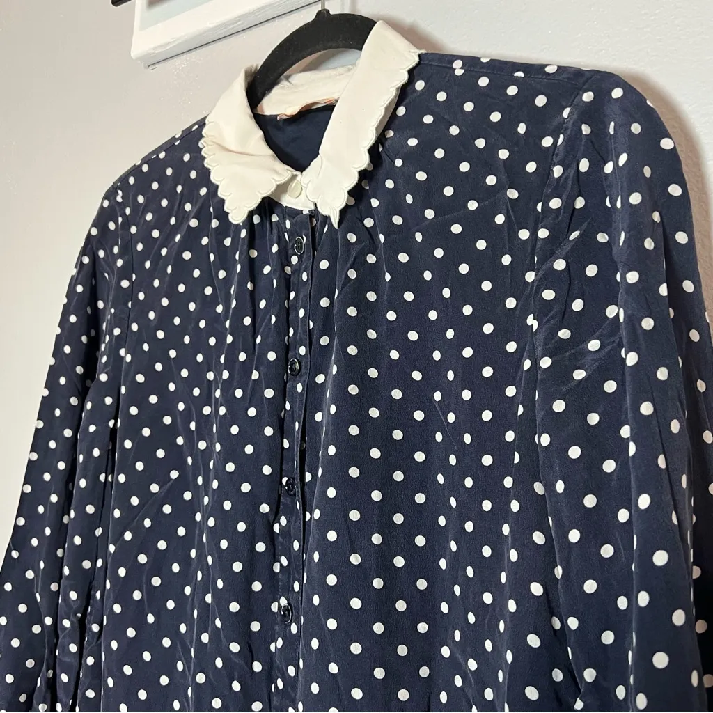 Tory Burch Cora Navy Blue Polka Dot Mini Dress Cream Scalloped Cuff Silk Size 4 - Image 7