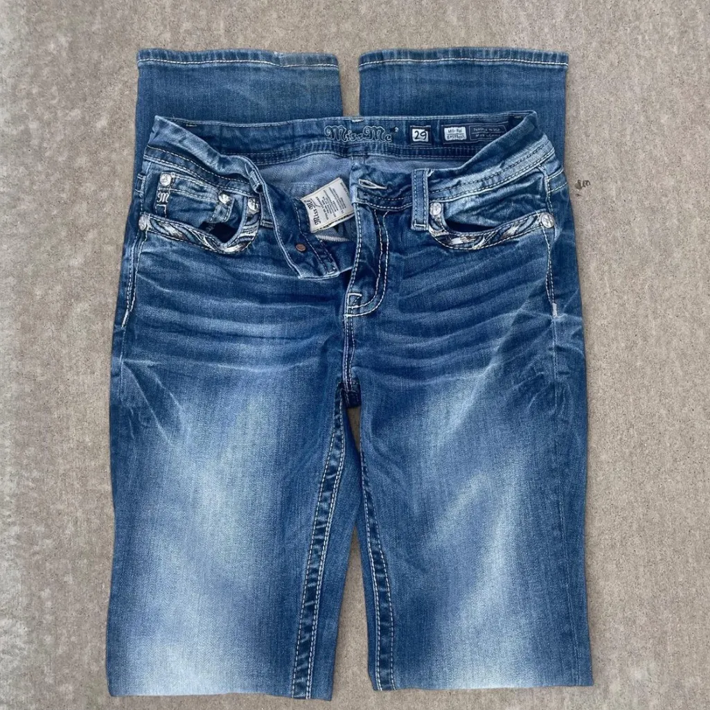 Miss Me Dark Blue Boot Cut Jeans with Silver Embellishments - Image 2