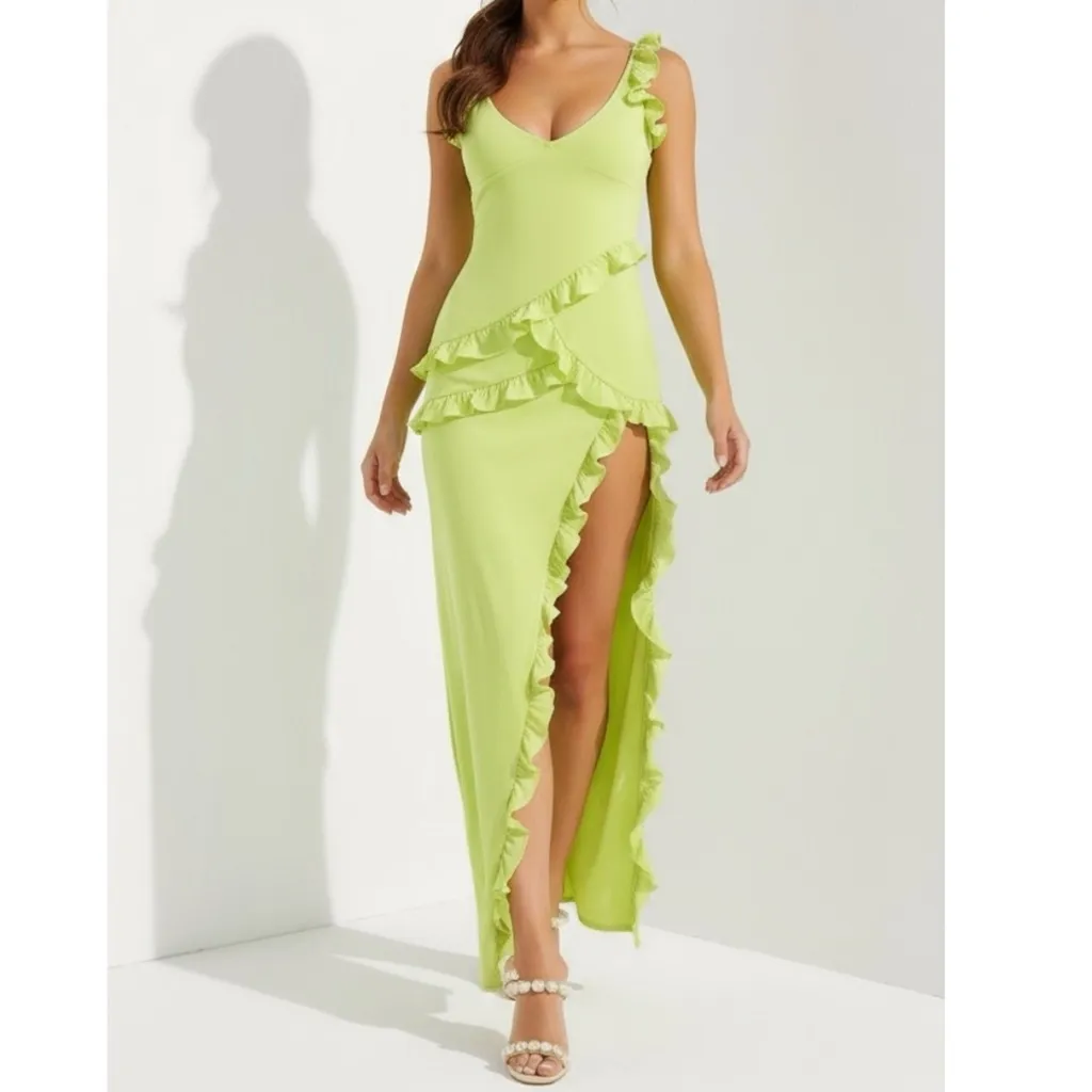 HOUSE OF CB Pixie Ruffle Maxi Dress, Lime, L (Plus Cup) - Image 6