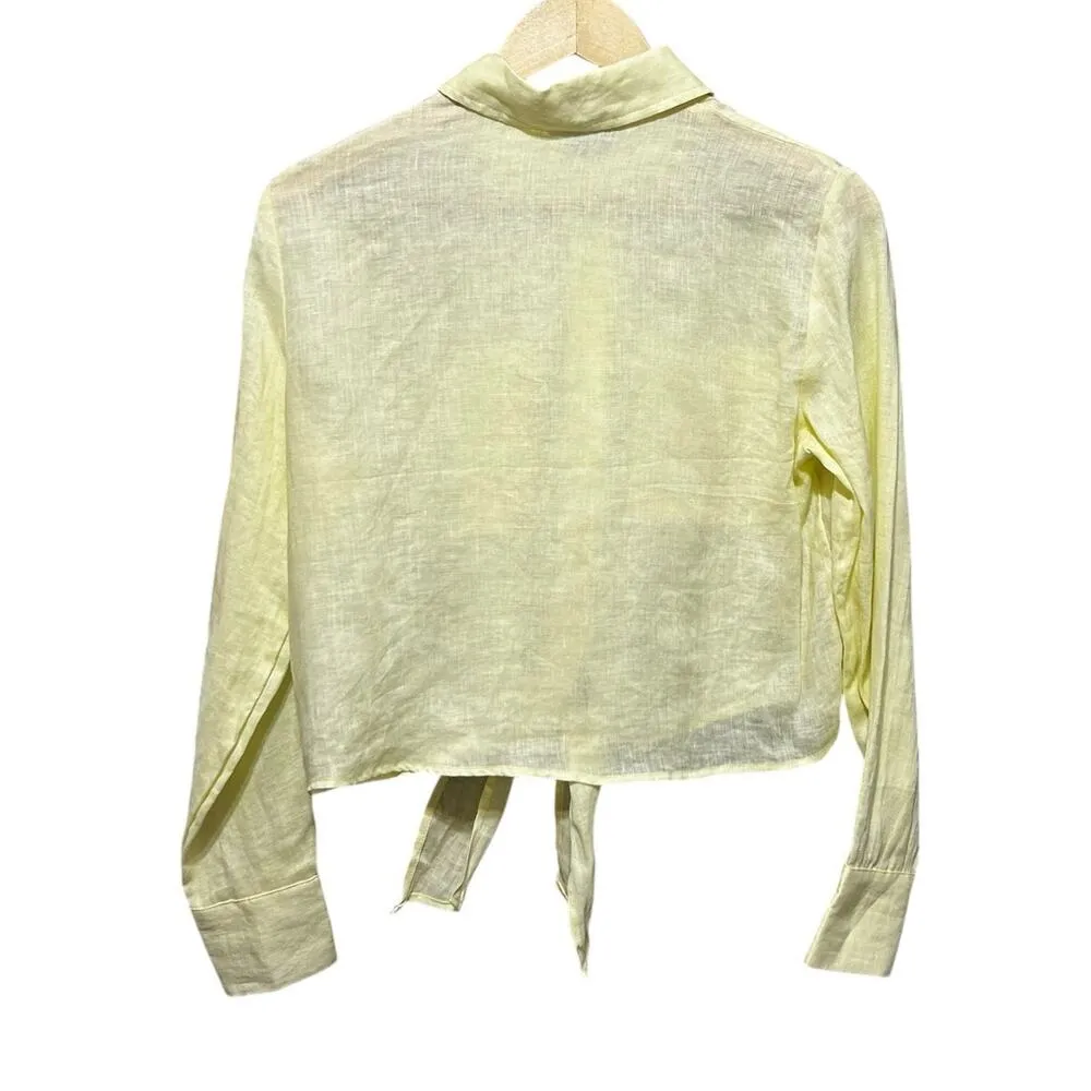 Magaschoni Women Linen Button Top Yellow S Tie Front Preppy Coastal Beach Travel - Image 5