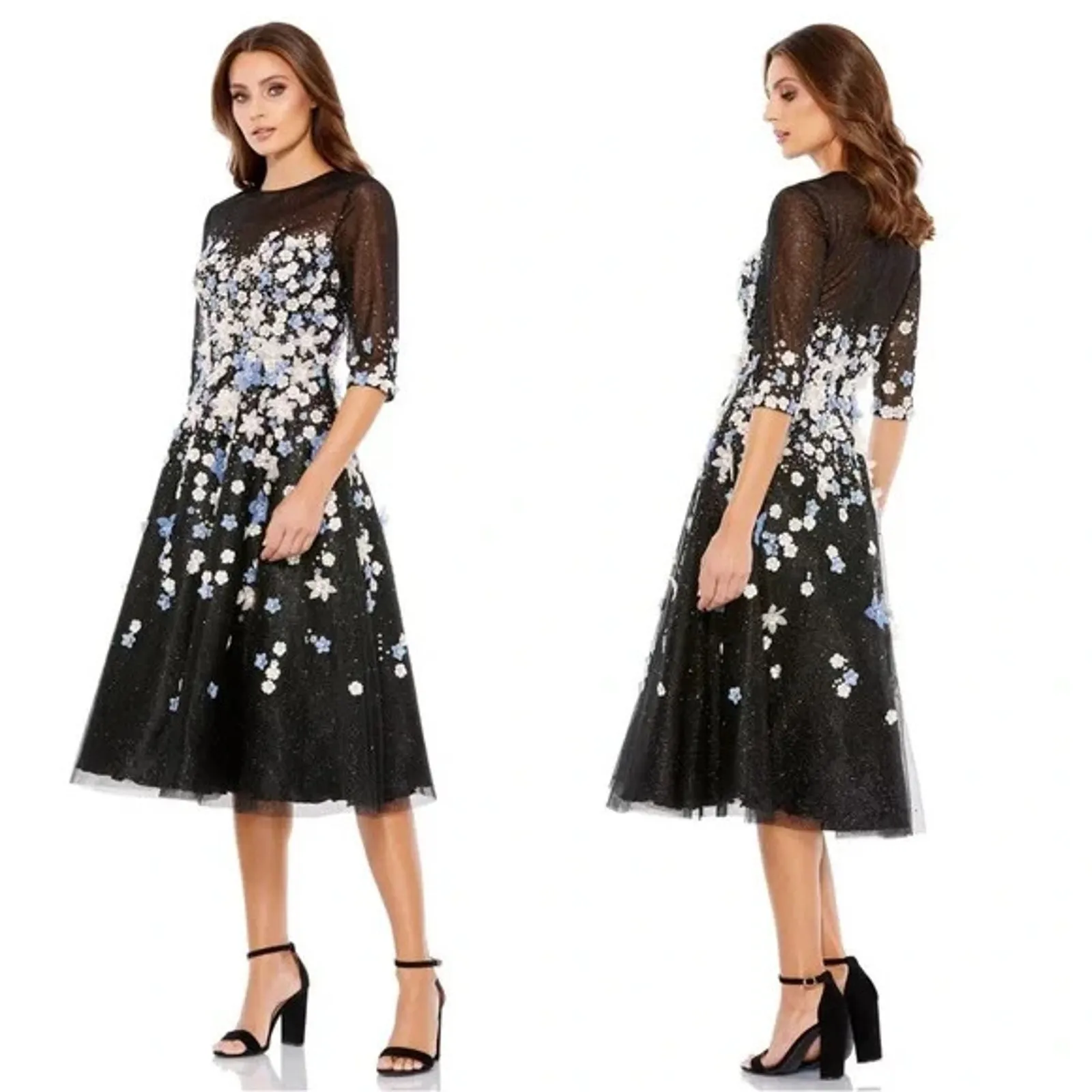 Mac Duggal 11161 Black Floral Embroidered A-Line Tea-Length Cocktail Dress Sz 10 - Image 2