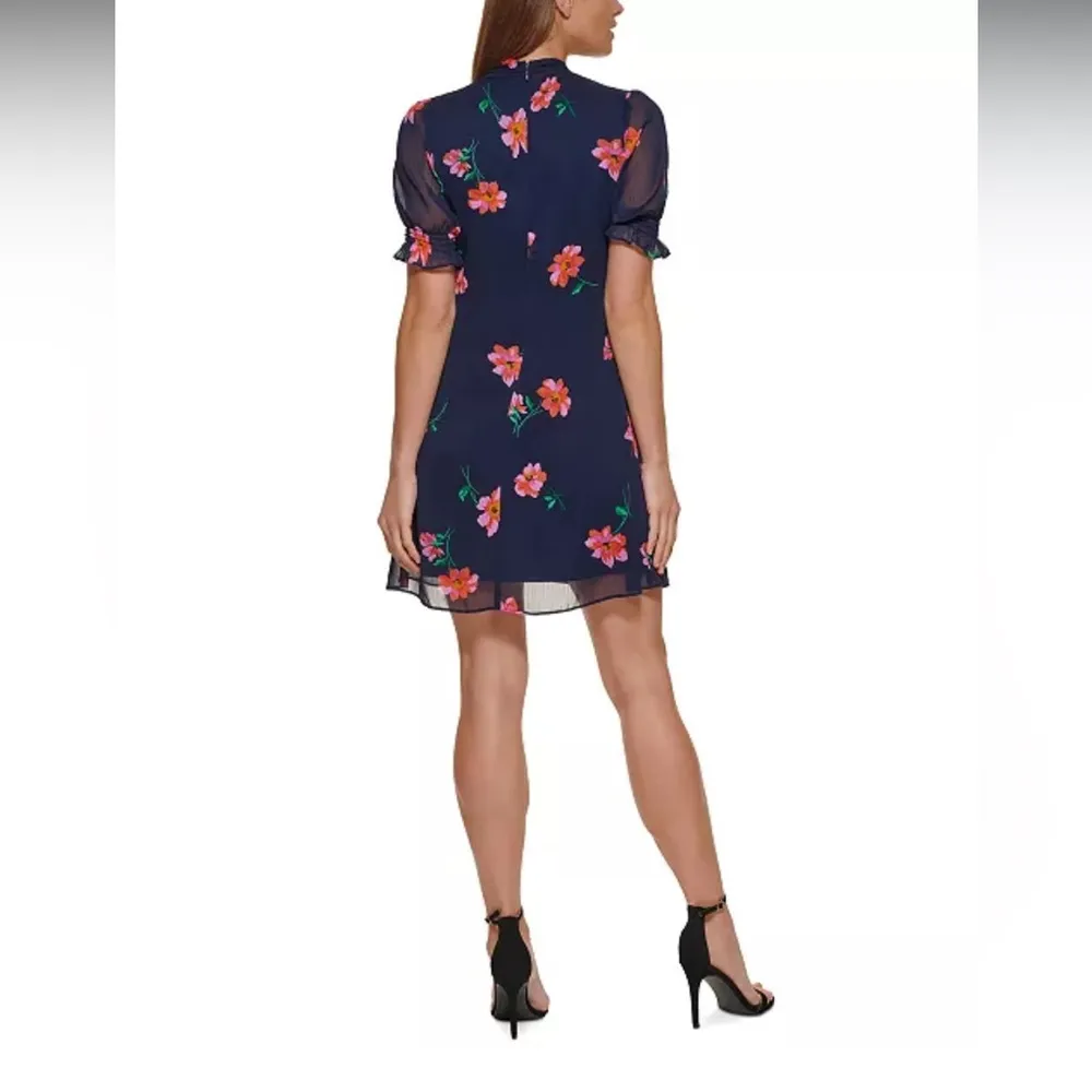 DKNY Party Floral Navy and Pink Flower Bow neck Ruffle Sheer Sleeves Mini Dress - Image 14