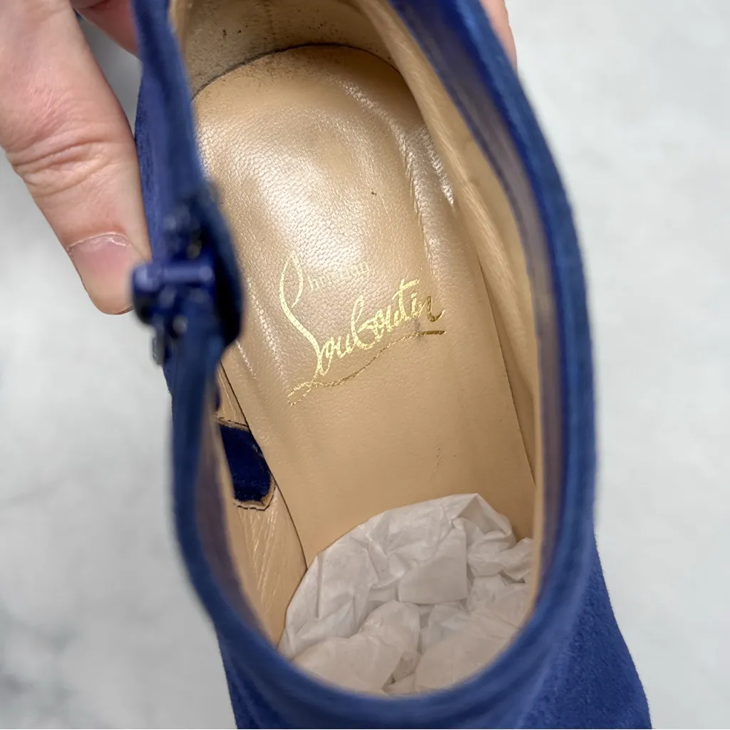 Christian Louboutin Gloria Booty 45 Suede Embellished Heel Ankle Boots Blue 35 - Image 9