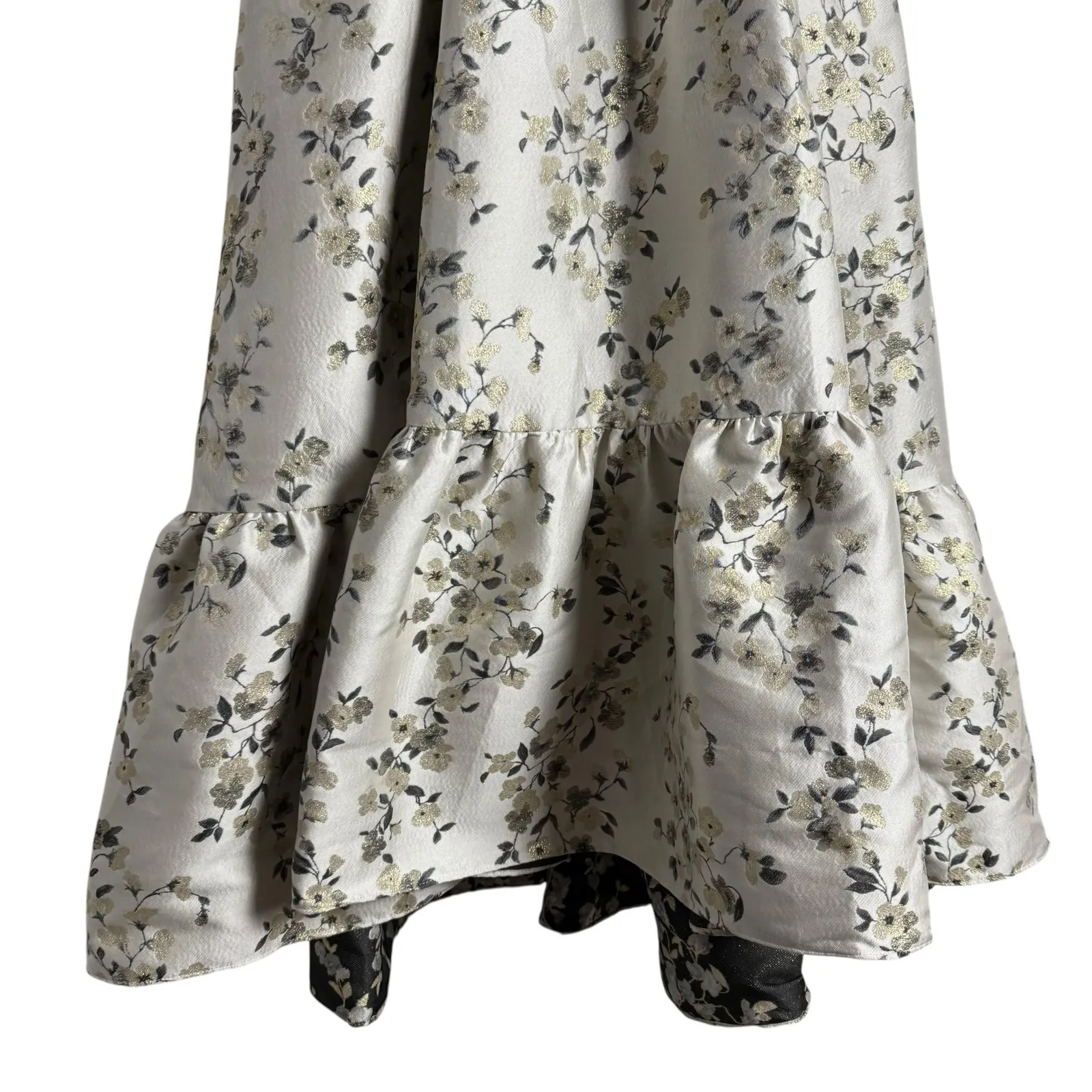 Shoshanna Meadow Ivory Satin Floral Metallic Black Bow Sleeveless Gown Sz 4 - Image 10