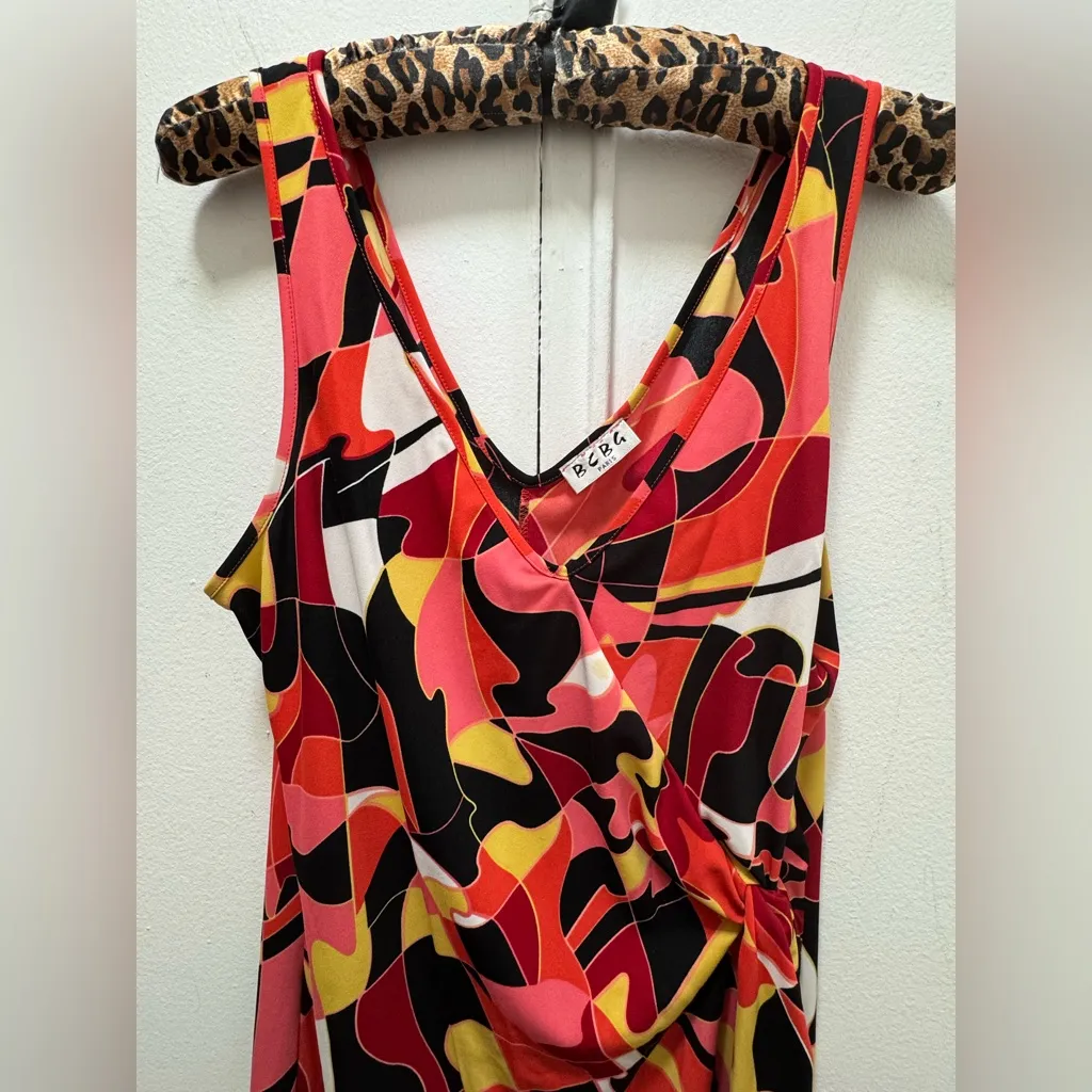 Y2K 90s BCBG Paris Kaleidoscope Side Knot Dress XL Red - Image 2