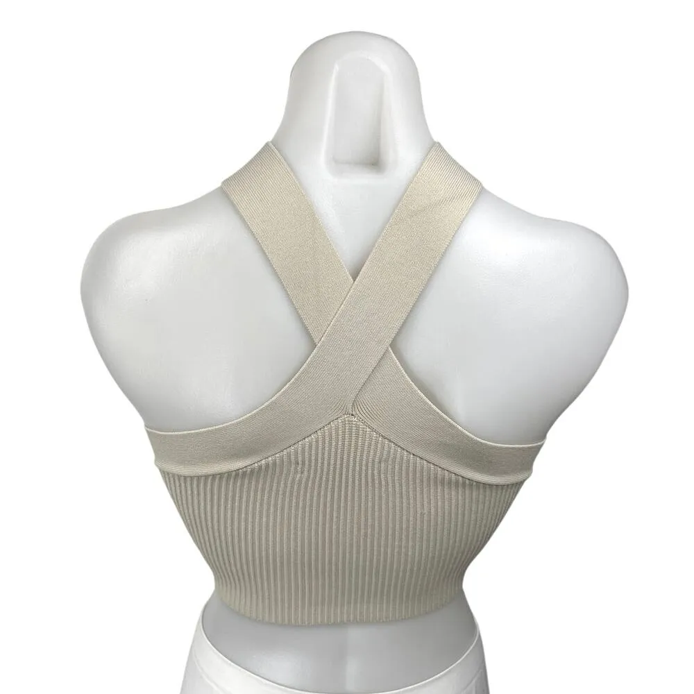 Aritzia Babaton Sculpt Beige Ribbed Knit Criss Cross Sleeveless Crop Tank Top XS - Image 6