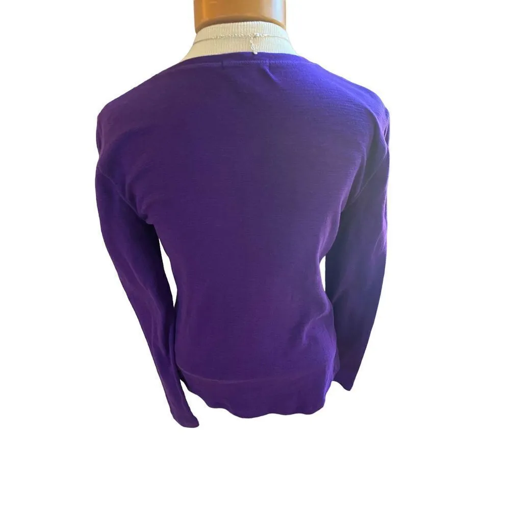 American Living purple half button up blouse with lace shoulder line size medium - Image 4