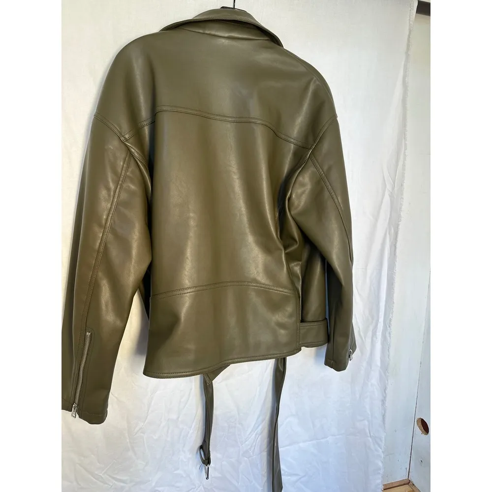 Topshop Olive Green Faux Leather Moto Biker Jacket Belted Size M - Image 2