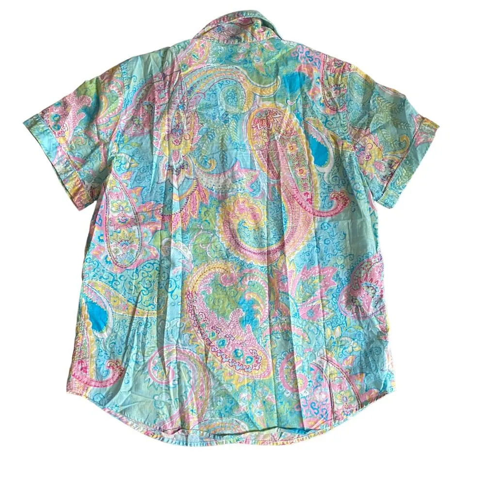 Lauren Ralph Lauren Paisley Print Button down short sleeve Pajama Top Large Blue - Image 2